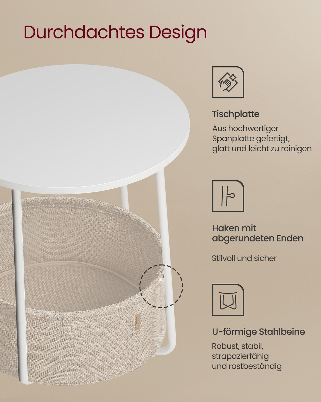 Runder Beistelltisch mit Korb aus Stoff
