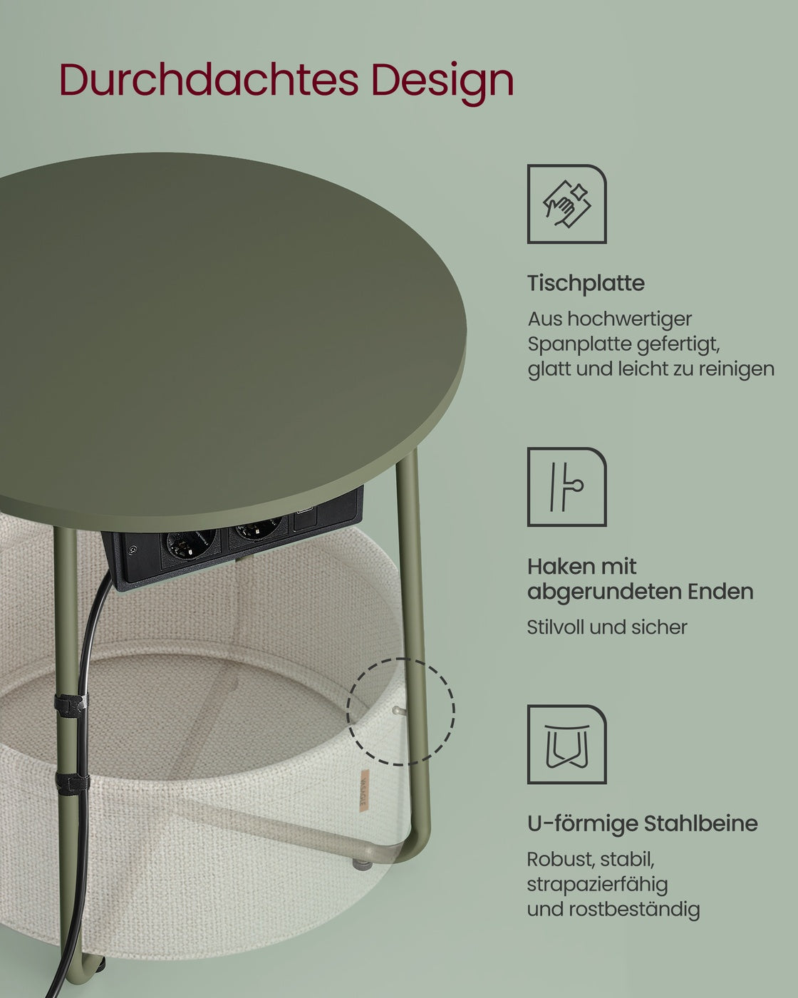Beistelltisch mit Ladestation und Steckdose waldgrün-cremeweiß