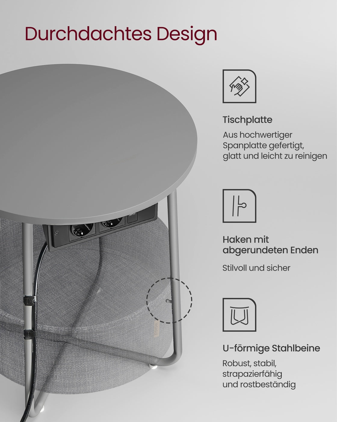 Beistelltisch mit Ladestation und Steckdose taubengrau-schiefergrau