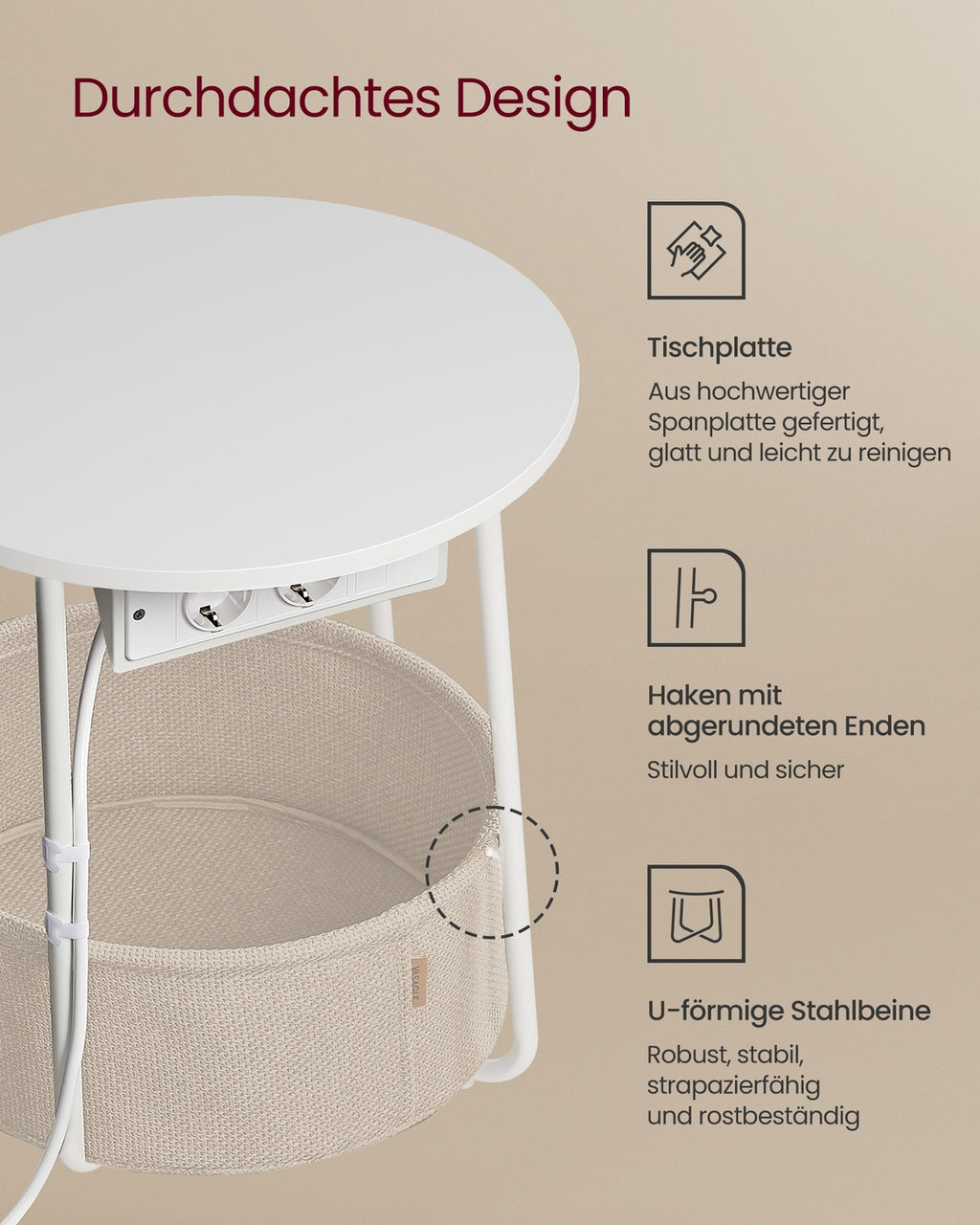 Beistelltisch mit Ladestation und Steckdose mattweiß-kamelbraun