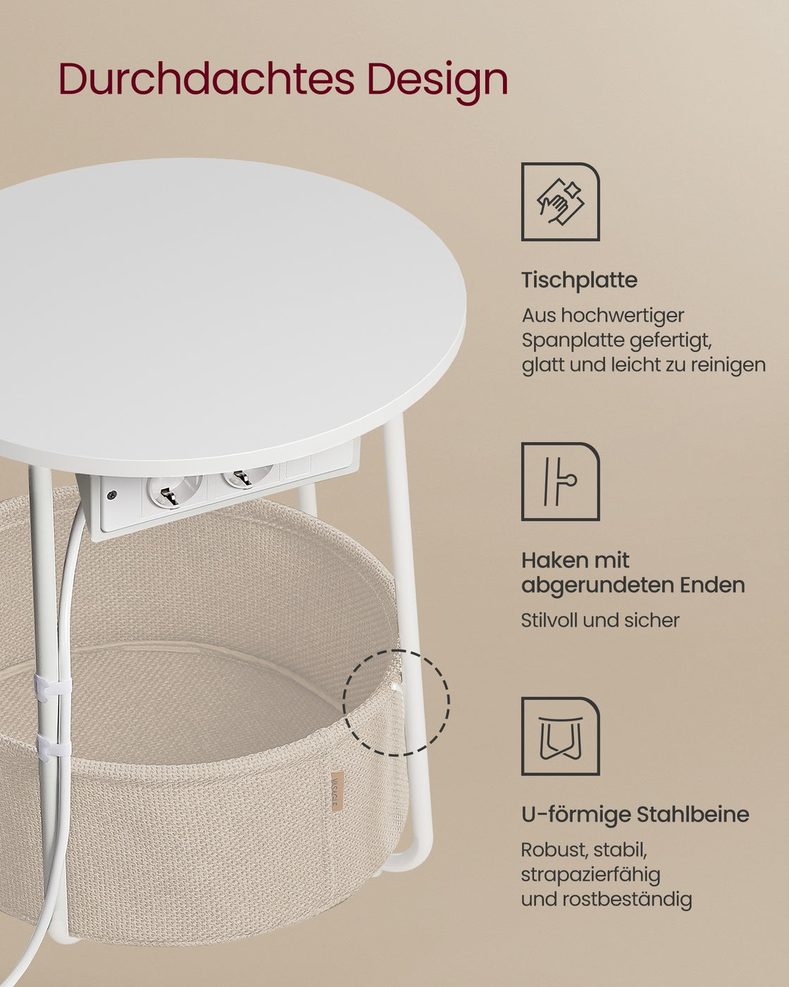 Beistelltisch mit Ladestation und Steckdose mattweiß-kamelbraun