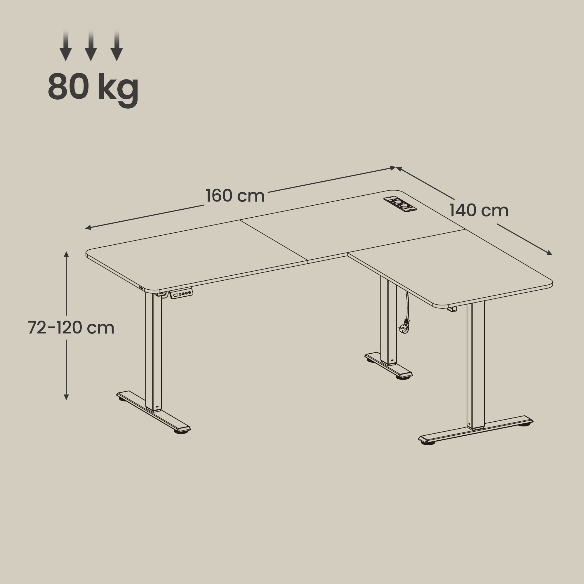 L-förmiger Eckschreibtisch, Höhenverstellbarer Schreibtisch, 160 x 140 cm
