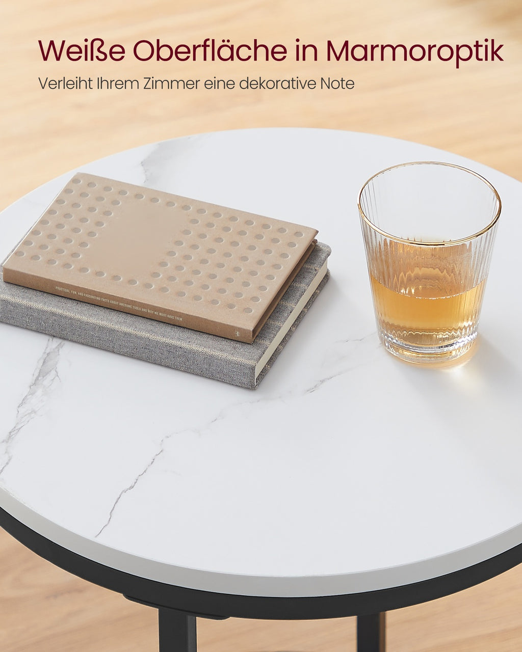 Beistelltisch 2 Ebenen in weißer Marmoroptik mit schwarzem Gestell