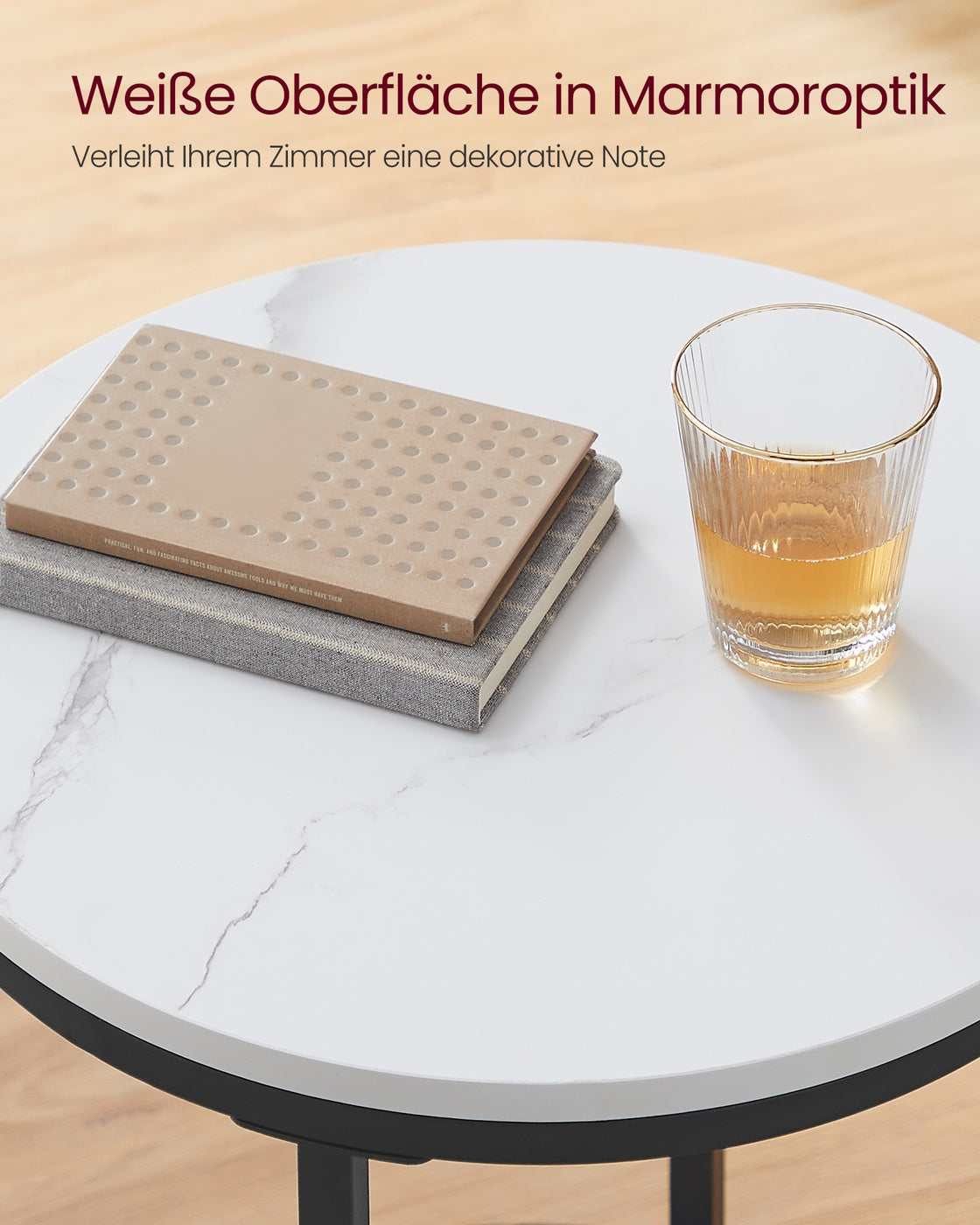 Beistelltisch 2 Ebenen in weißer Marmoroptik mit schwarzem Gestell
