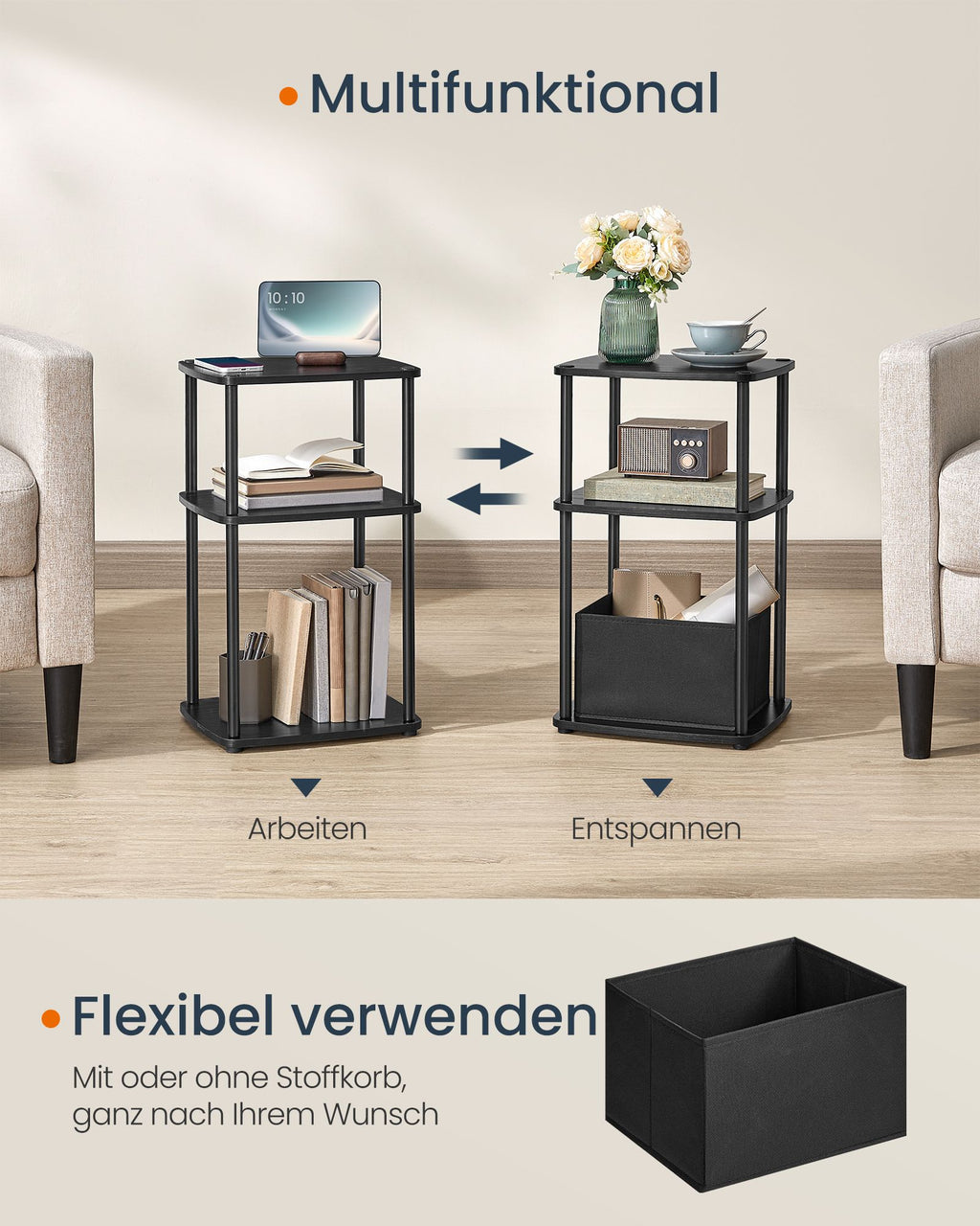 Beistelltisch mit 3 Ablagen 30 x 34 x 58 cm ebenholzschwarz