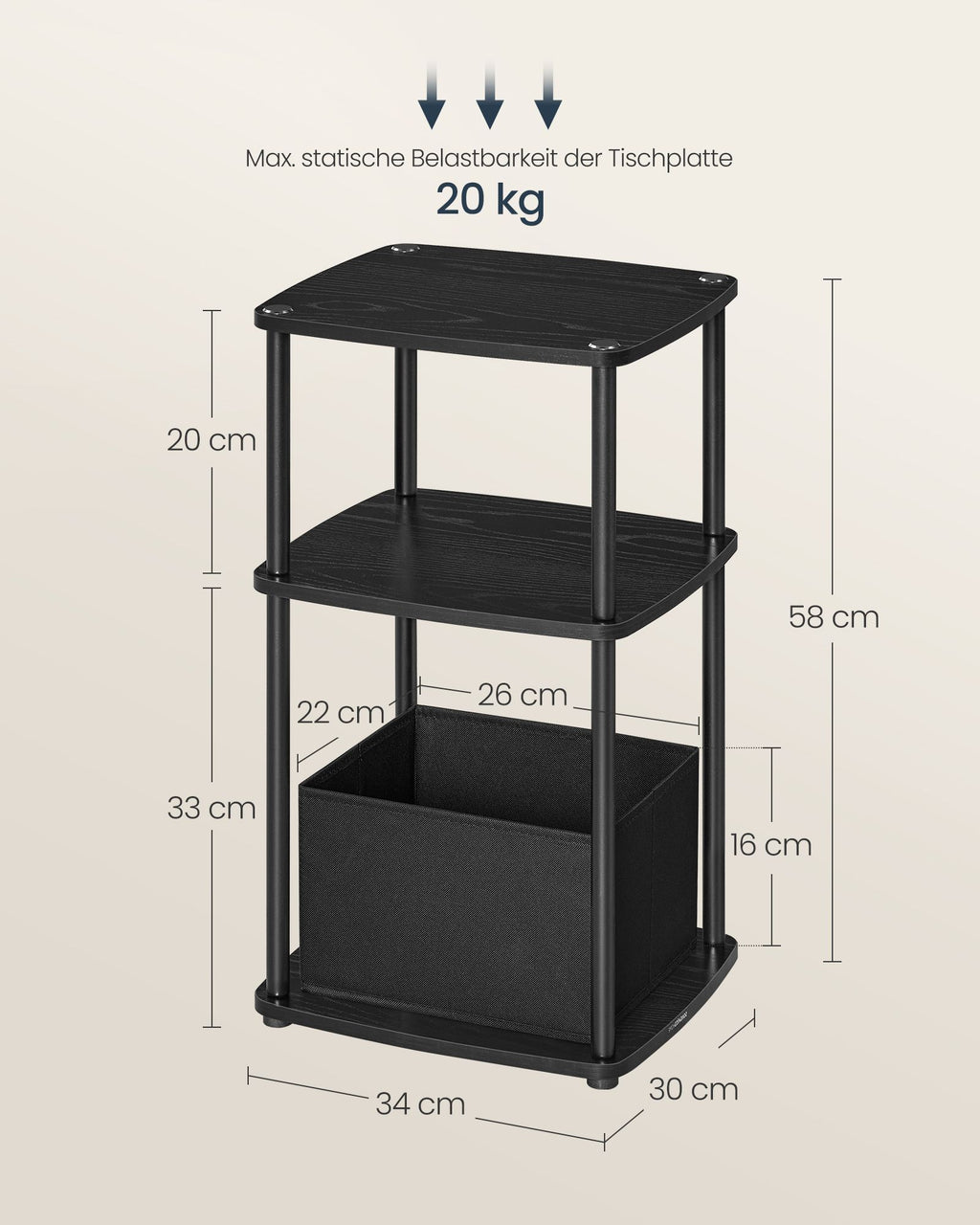 Beistelltisch mit 3 Ablagen 30 x 34 x 58 cm ebenholzschwarz