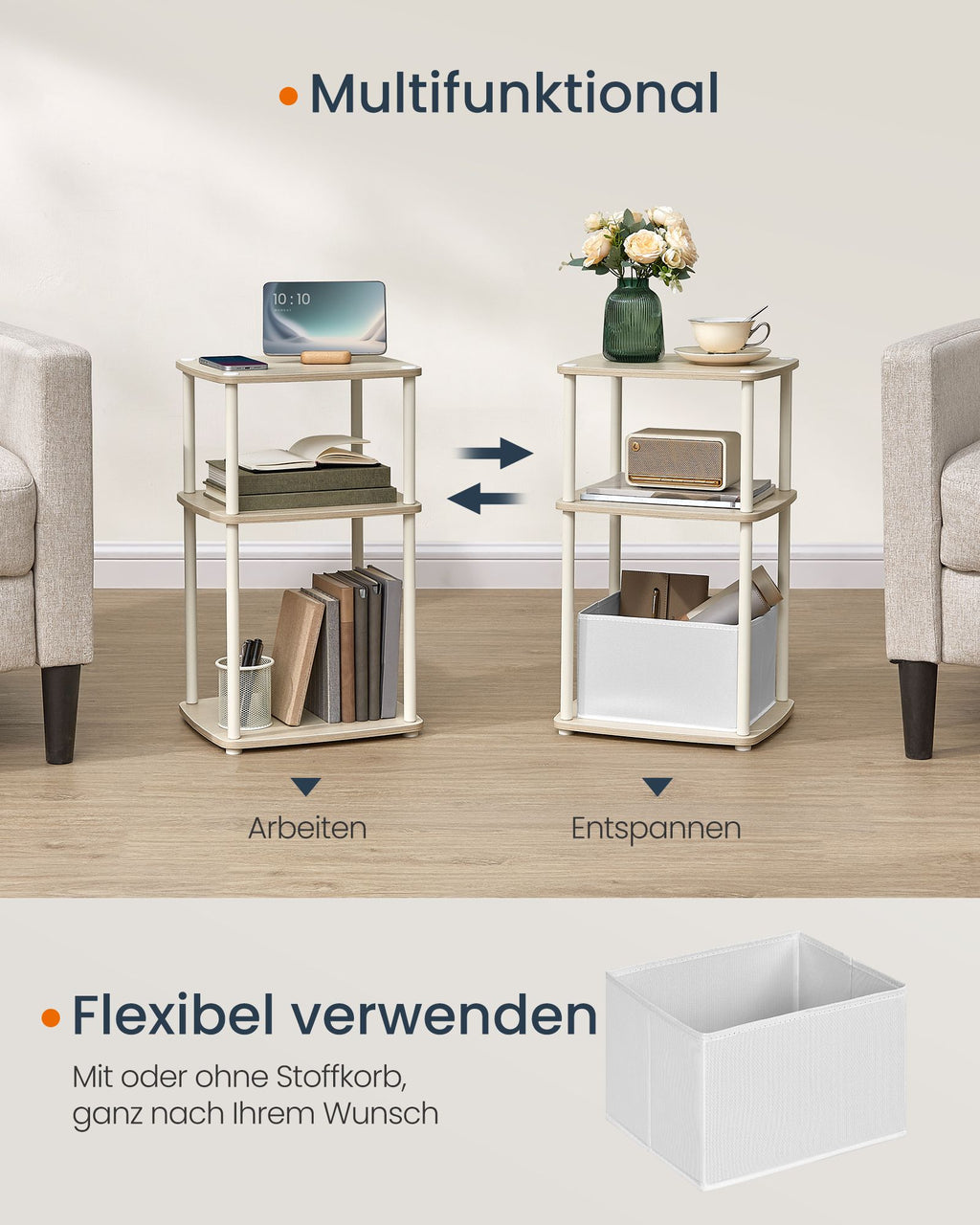 Beistelltisch mit 3 Ablagen 30 x 34 x 58 cm naturbeige