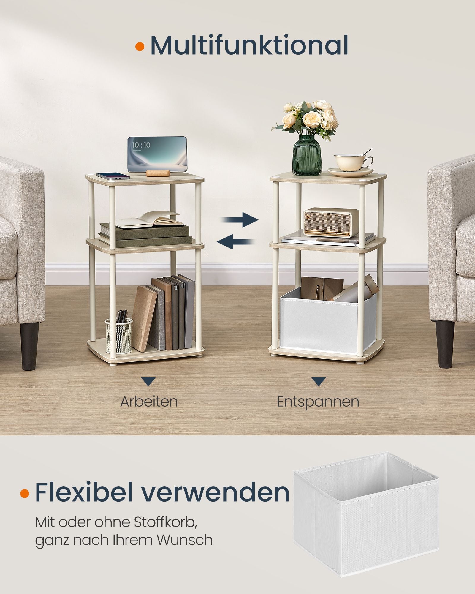 Beistelltisch mit 3 Ablagen 30 x 34 x 58 cm naturbeige