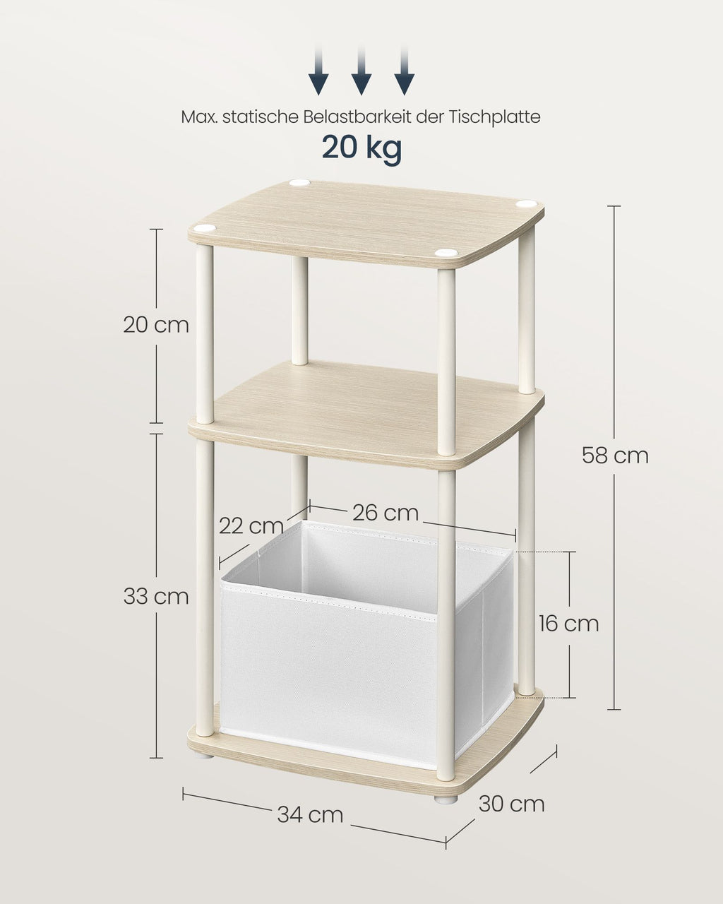 Beistelltisch mit 3 Ablagen 30 x 34 x 58 cm naturbeige