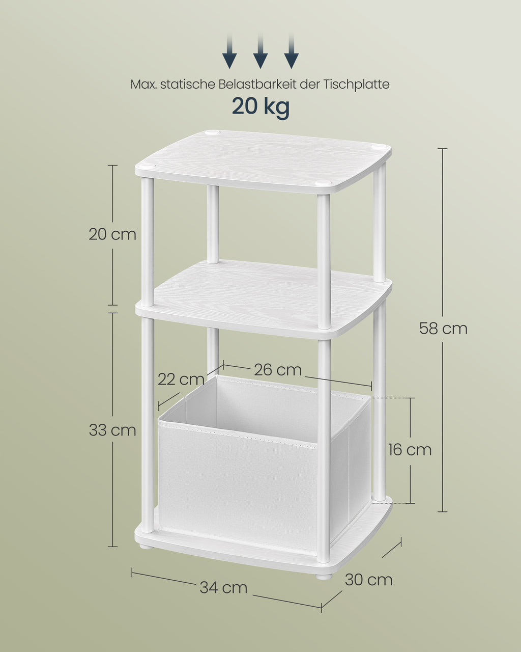 Beistelltisch mit 3 Ablagen 30 x 34 x 58 cm schneeweiß