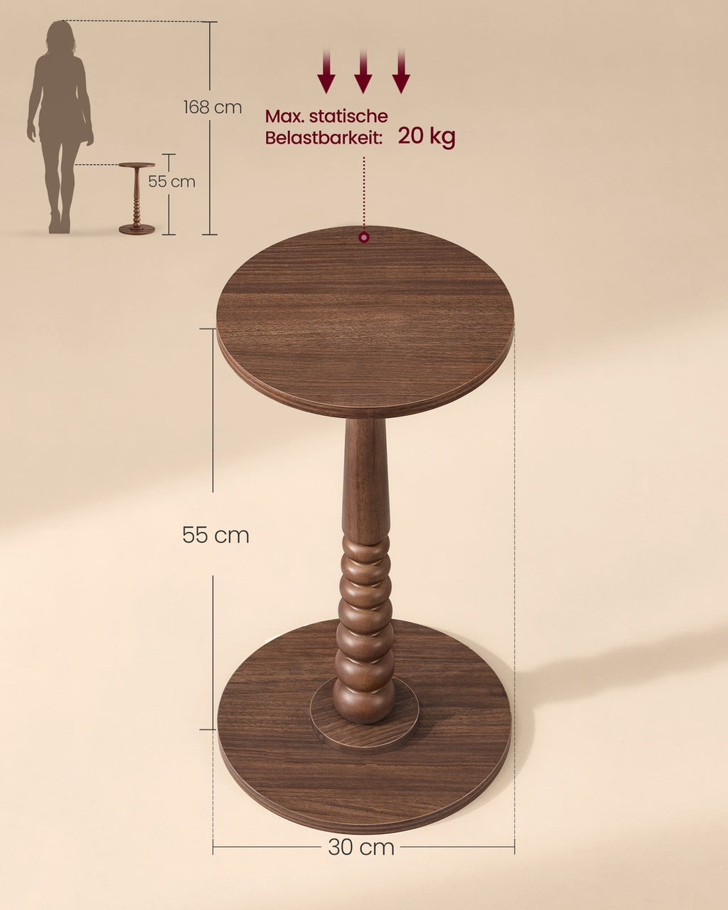 Mariel Kollektion - Runder Beistelltisch im Mid-Century Modern Stil kastanienwalnussfarben
