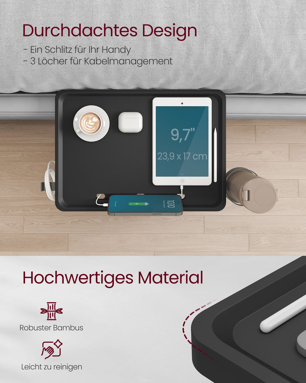 Nachttisch zum Einhängen mit Getränkehalter tintenschwarz