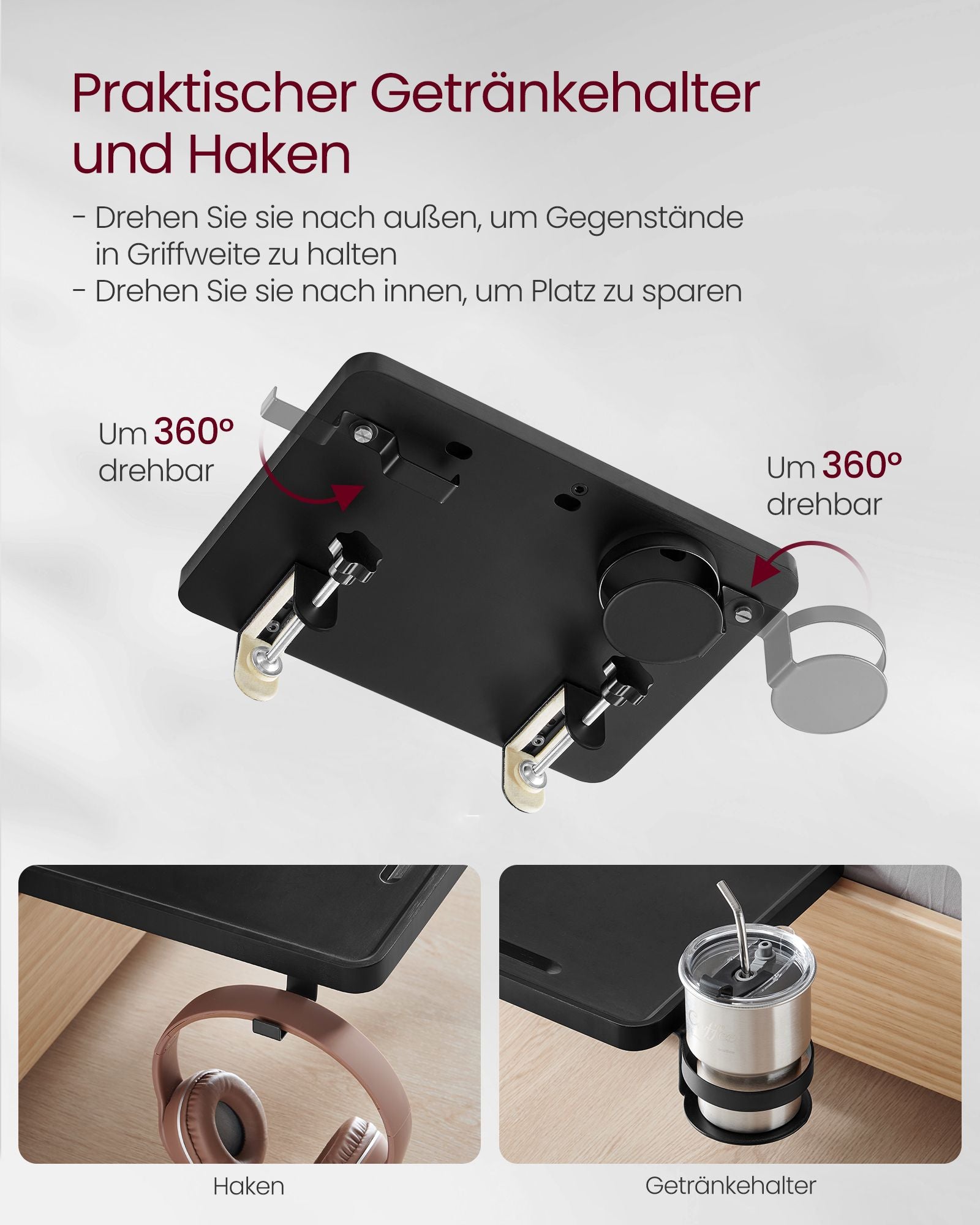 Nachttisch zum Einhängen mit Getränkehalter tintenschwarz
