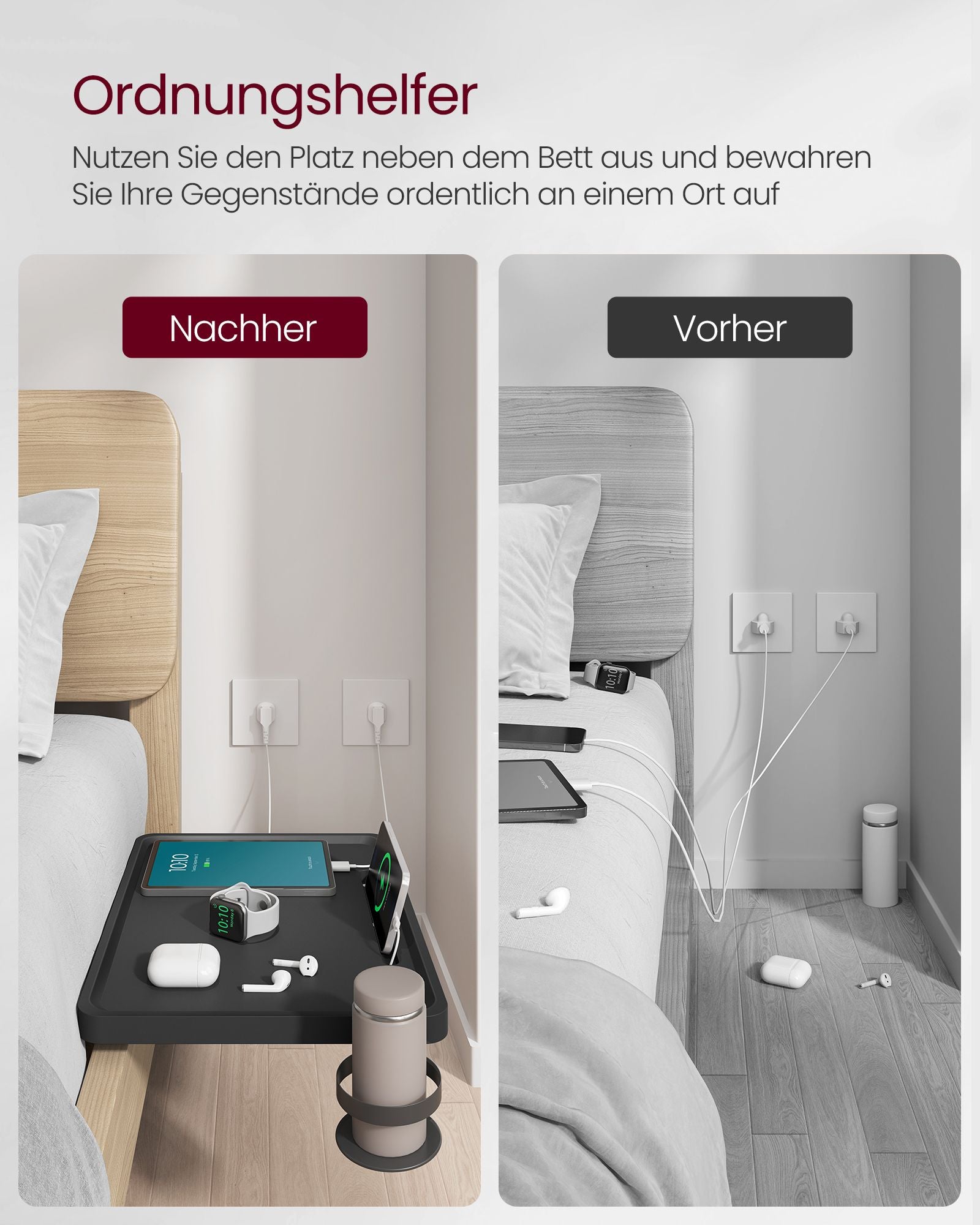 Nachttisch zum Einhängen mit Getränkehalter tintenschwarz