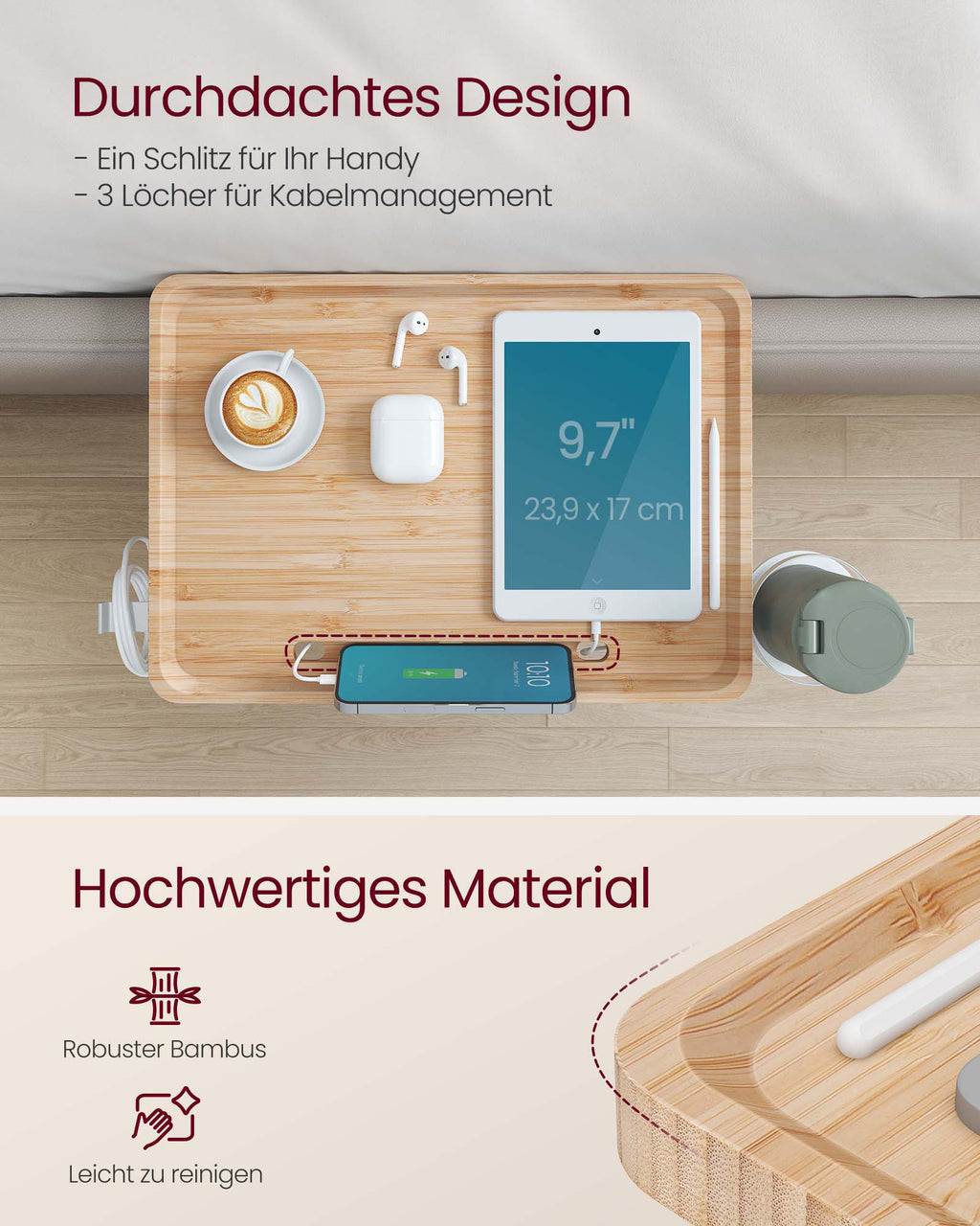 Nachttisch zum Einhängen mit Getränkehalter naturbeige