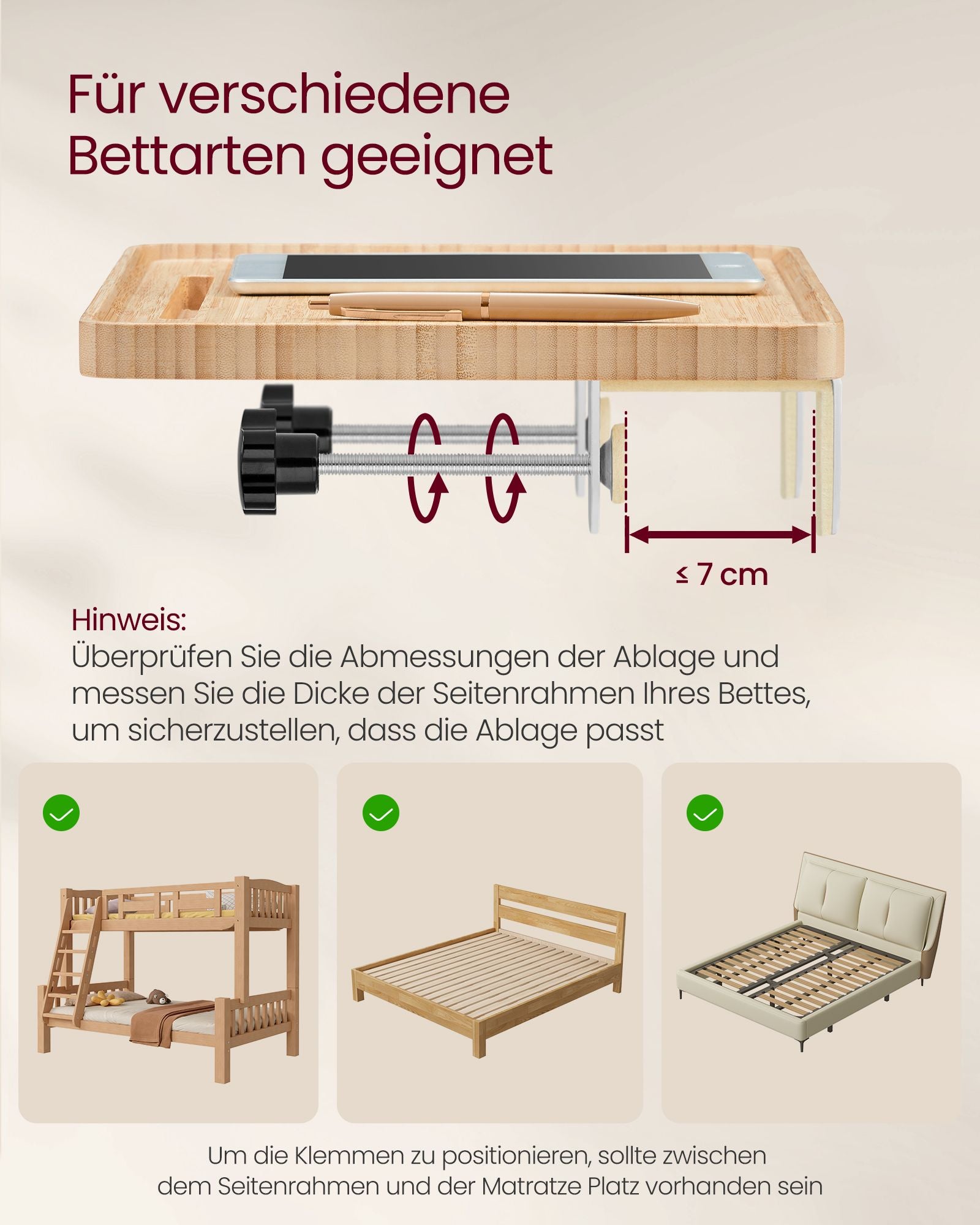 Nachttisch zum Einhängen mit Getränkehalter naturbeige