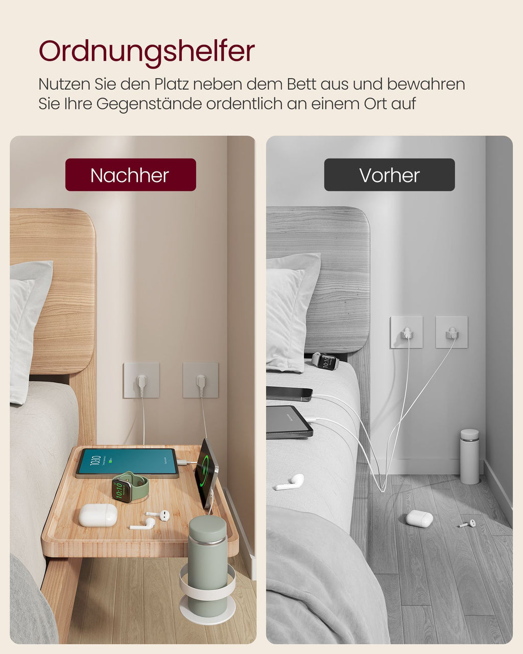 Nachttisch zum Einhängen mit Getränkehalter naturbeige