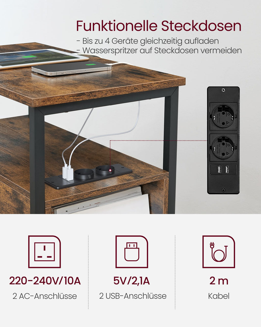 Beistelltisch mit Steckdosenleiste und 2 Schubladen