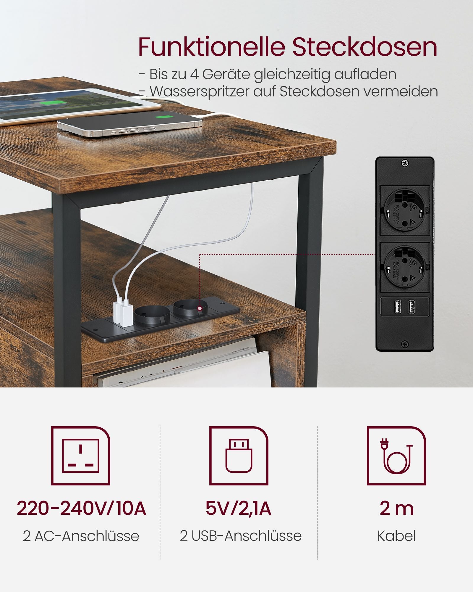 Beistelltisch mit Steckdosenleiste und 2 Schubladen