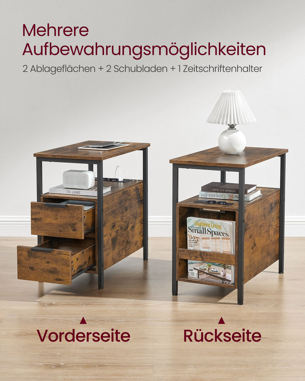 Beistelltisch mit Steckdosenleiste und 2 Schubladen