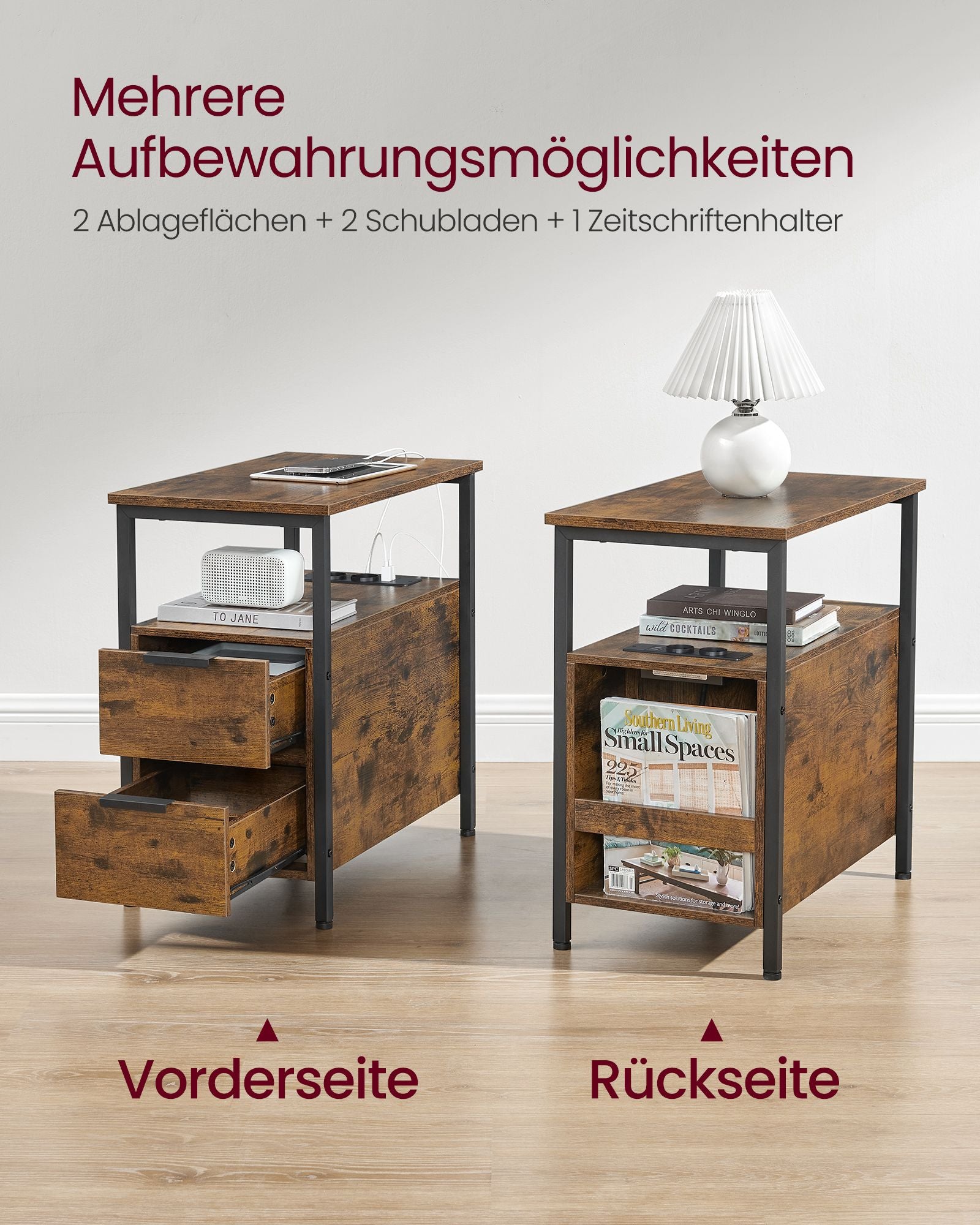 Beistelltisch mit Steckdosenleiste und 2 Schubladen