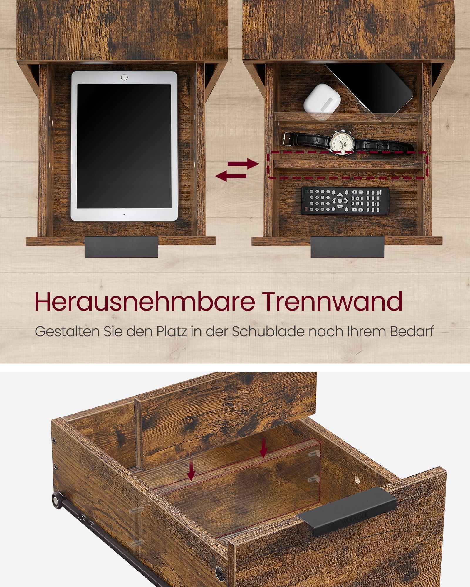 Beistelltisch mit Steckdosenleiste und 2 Schubladen