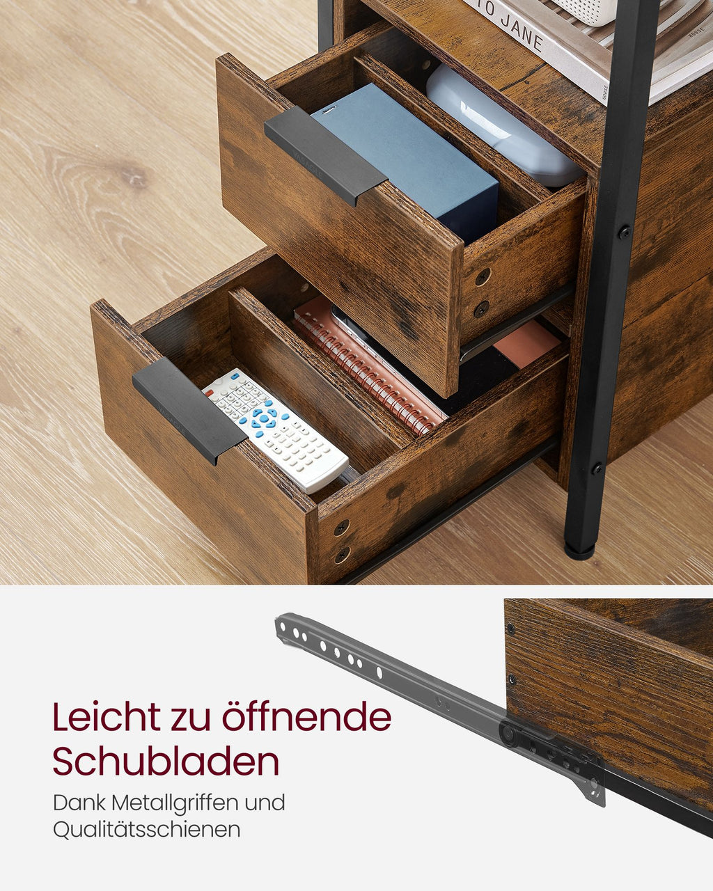 Beistelltisch mit Steckdosenleiste und 2 Schubladen
