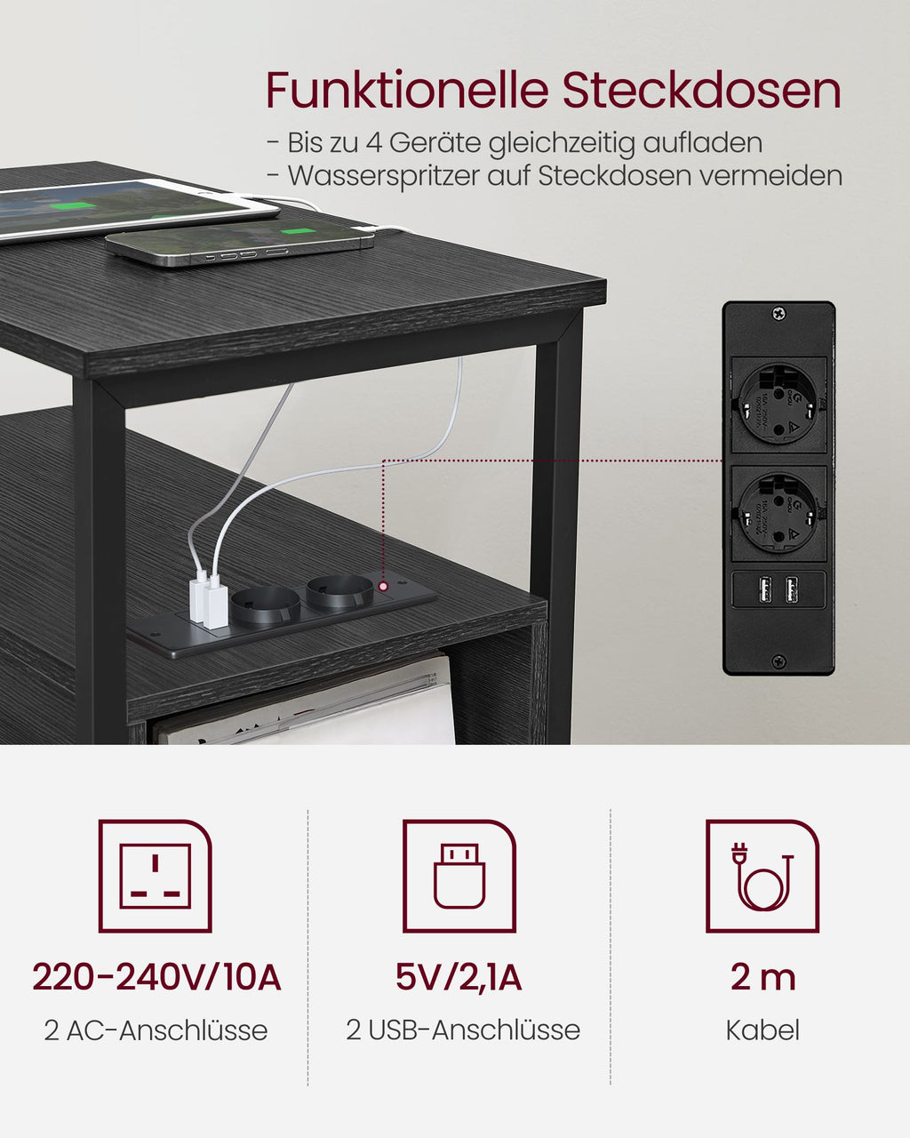 Beistelltisch mit Steckdosenleiste und 2 Schubladen