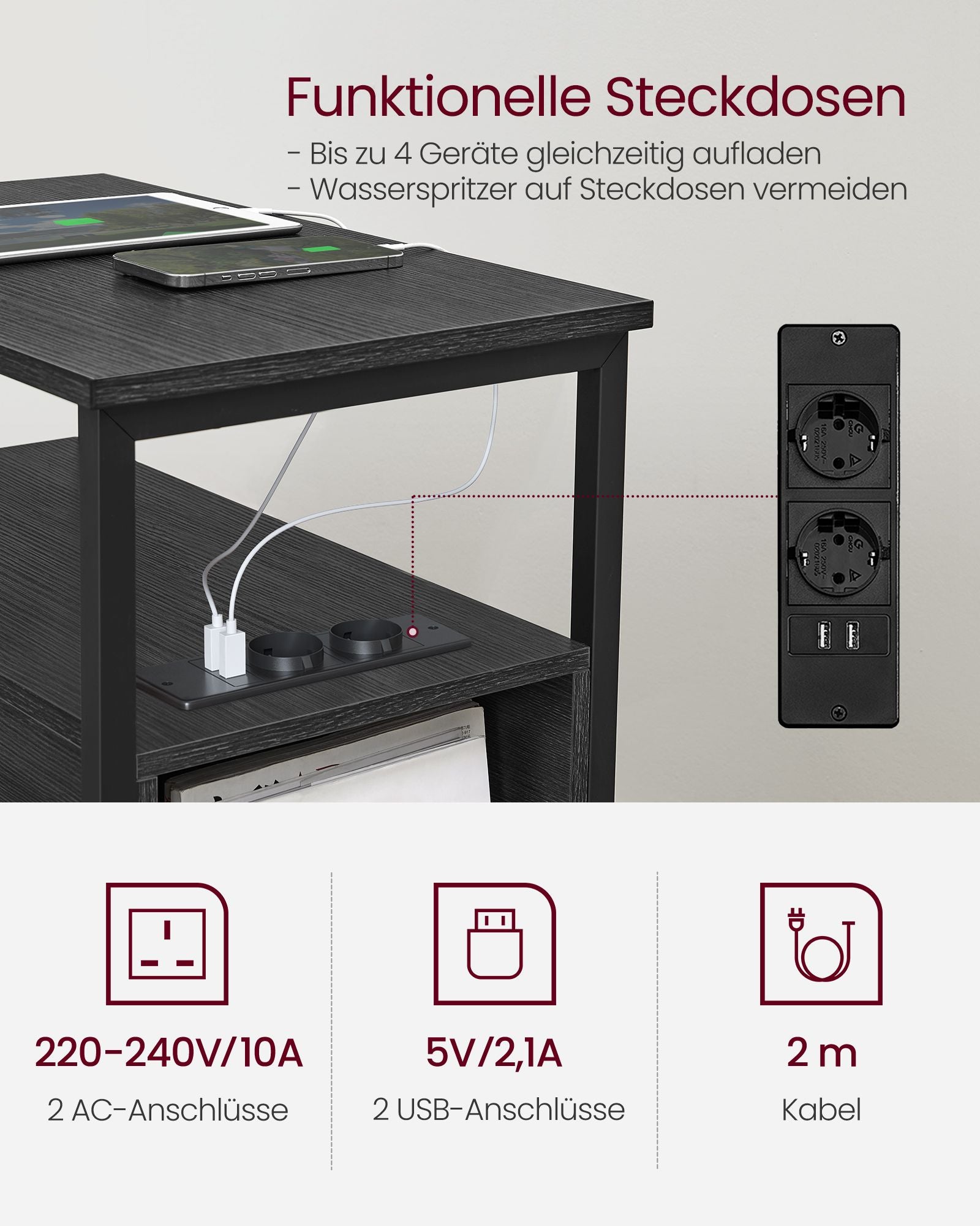 Beistelltisch mit Steckdosenleiste und 2 Schubladen