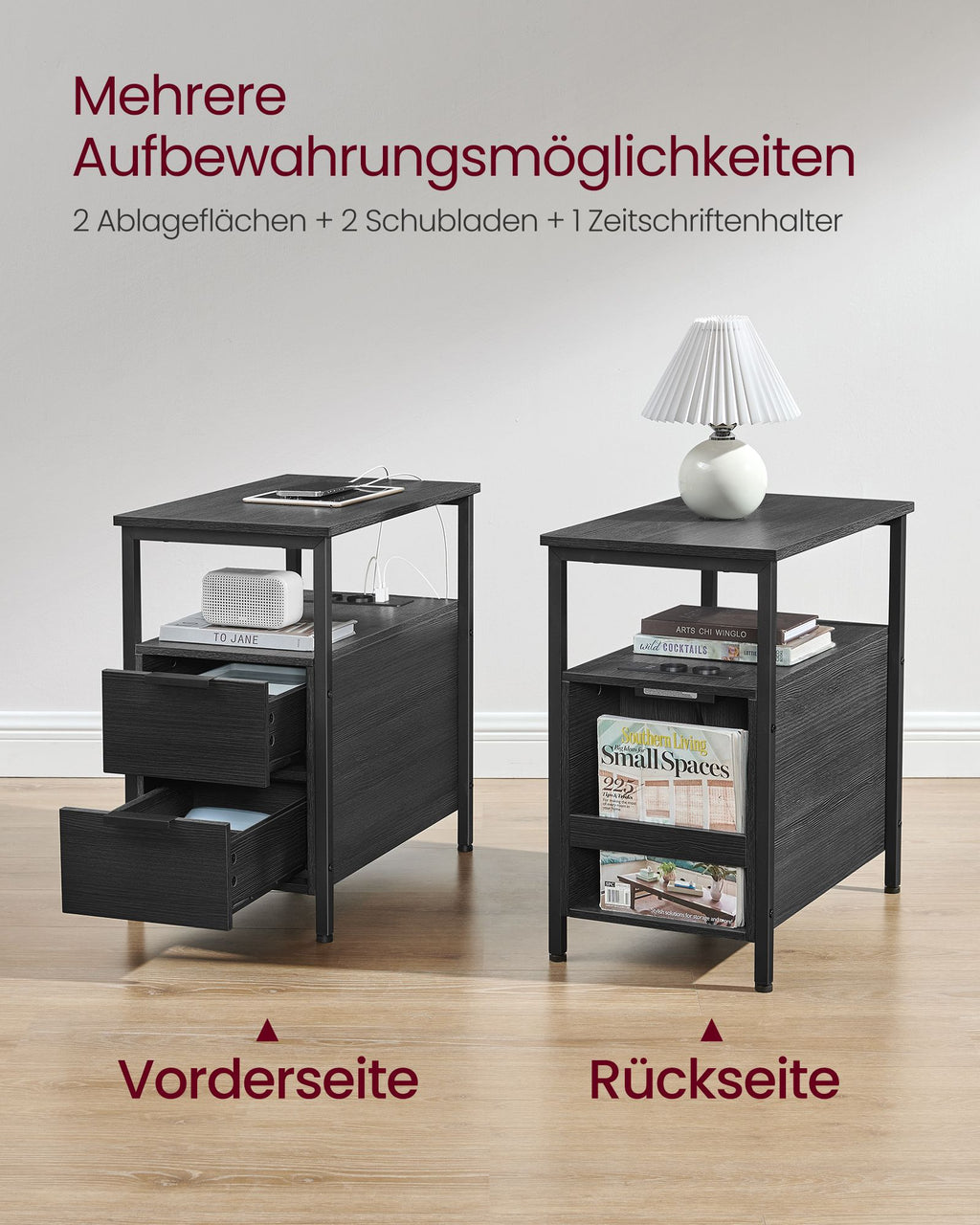 Beistelltisch mit Steckdosenleiste und 2 Schubladen