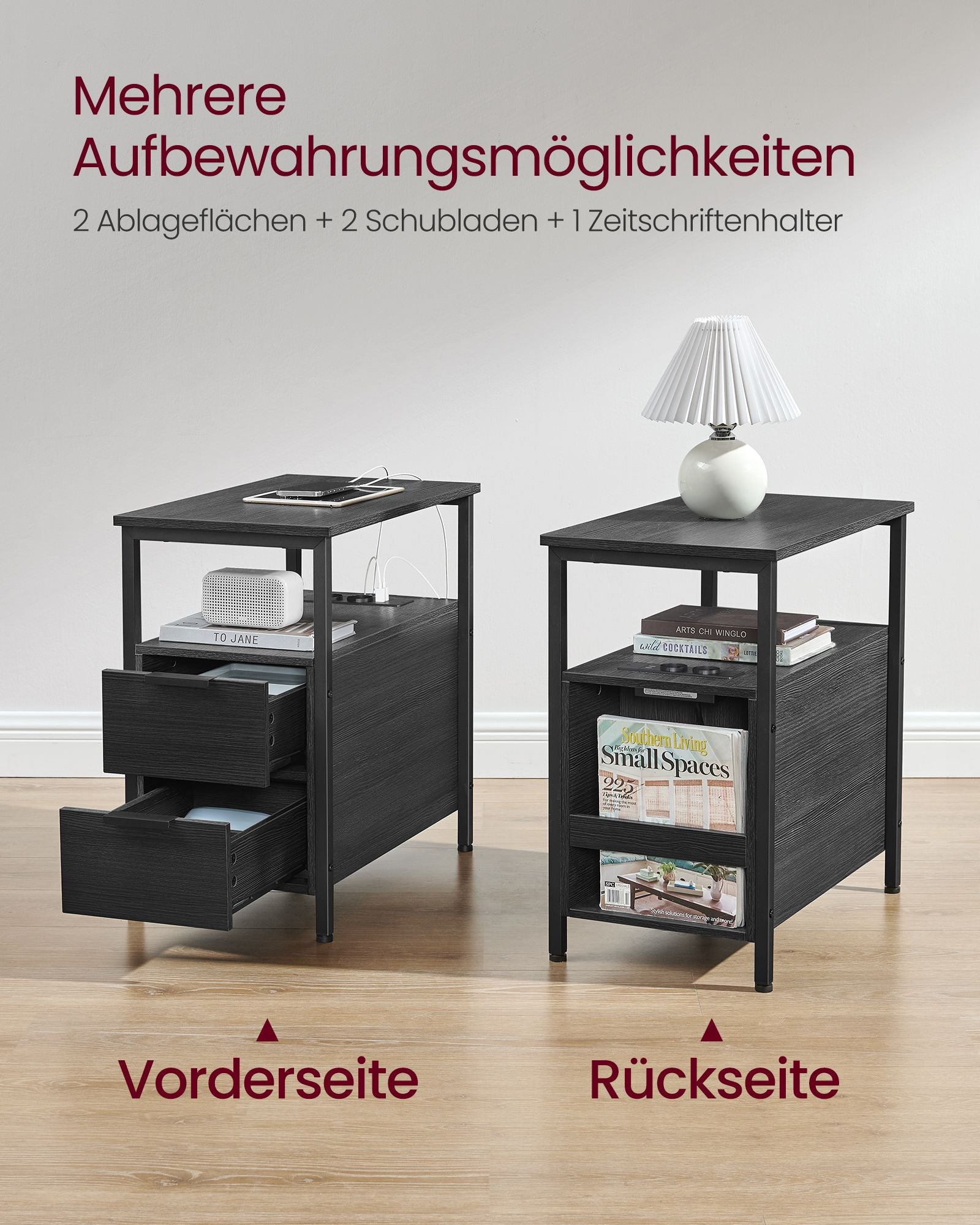 Beistelltisch mit Steckdosenleiste und 2 Schubladen