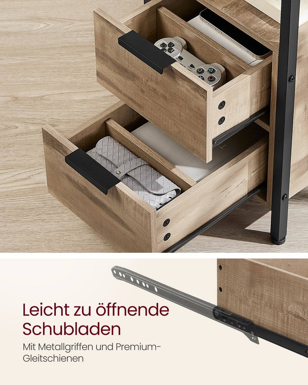 Beistelltisch Nachttisch mit Steckdosenleiste 2 Schubladen kamelbraun-tintenschwarz