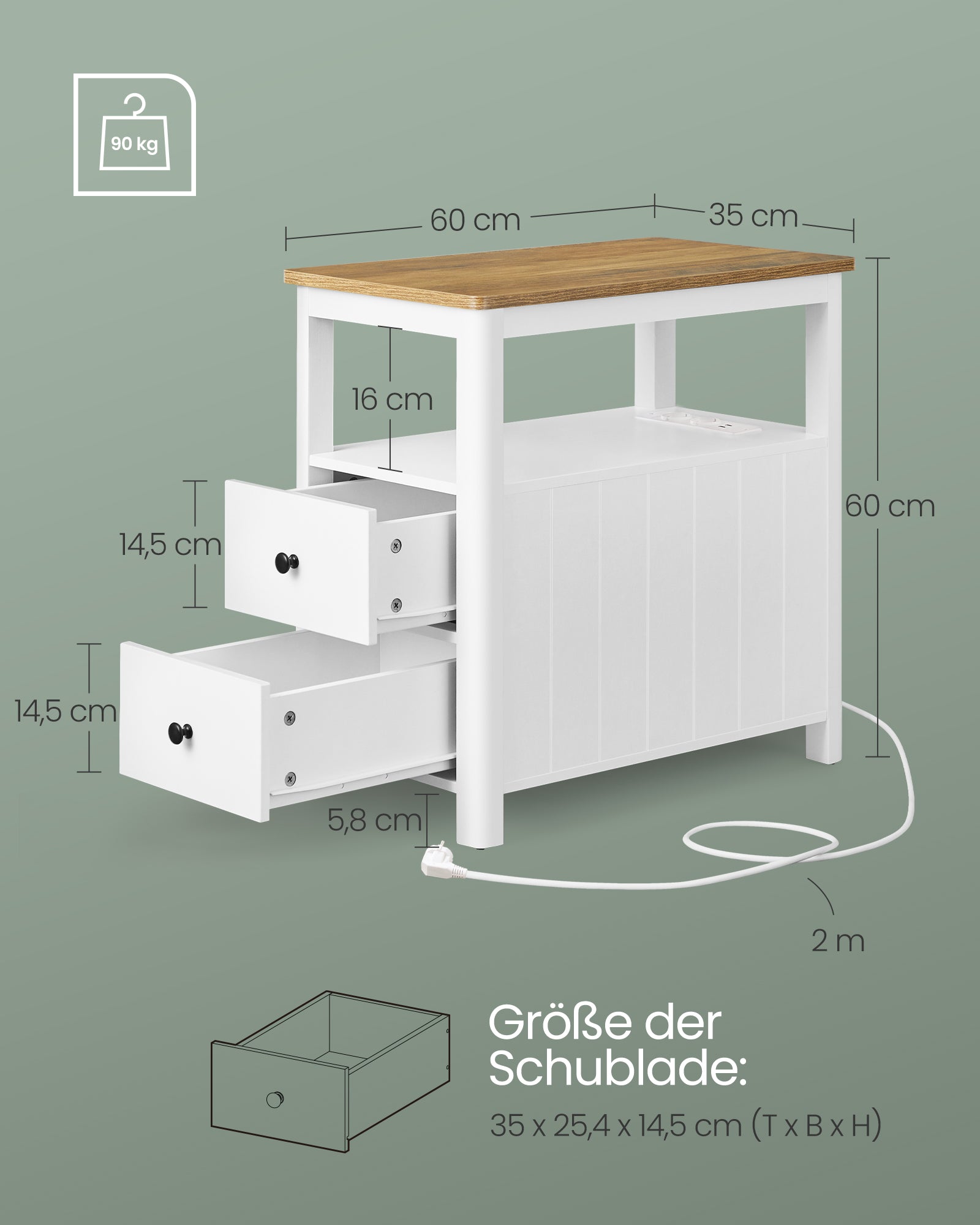 Beistelltisch schmal mit Steckdosenleiste walnussbraun-weiß