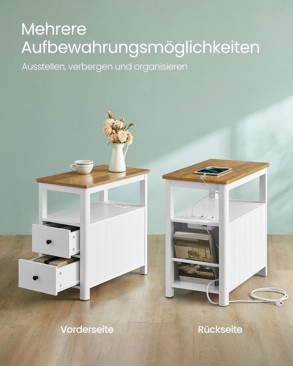 Beistelltisch schmal mit Steckdosenleiste walnussbraun-weiß