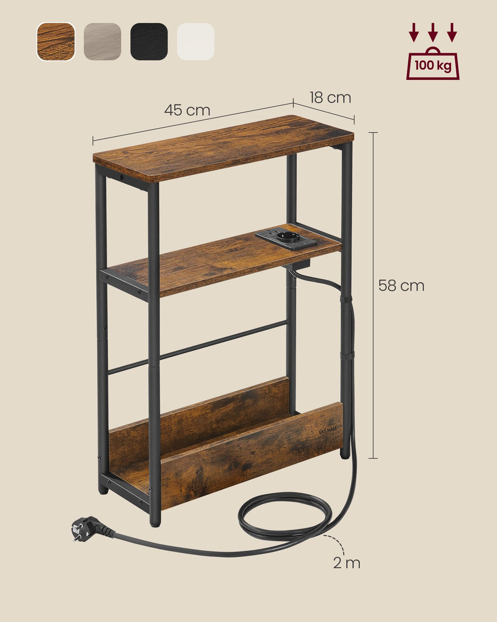Beistelltisch mit 3 Ablagen schmal vintagebraun-tintenschwarz