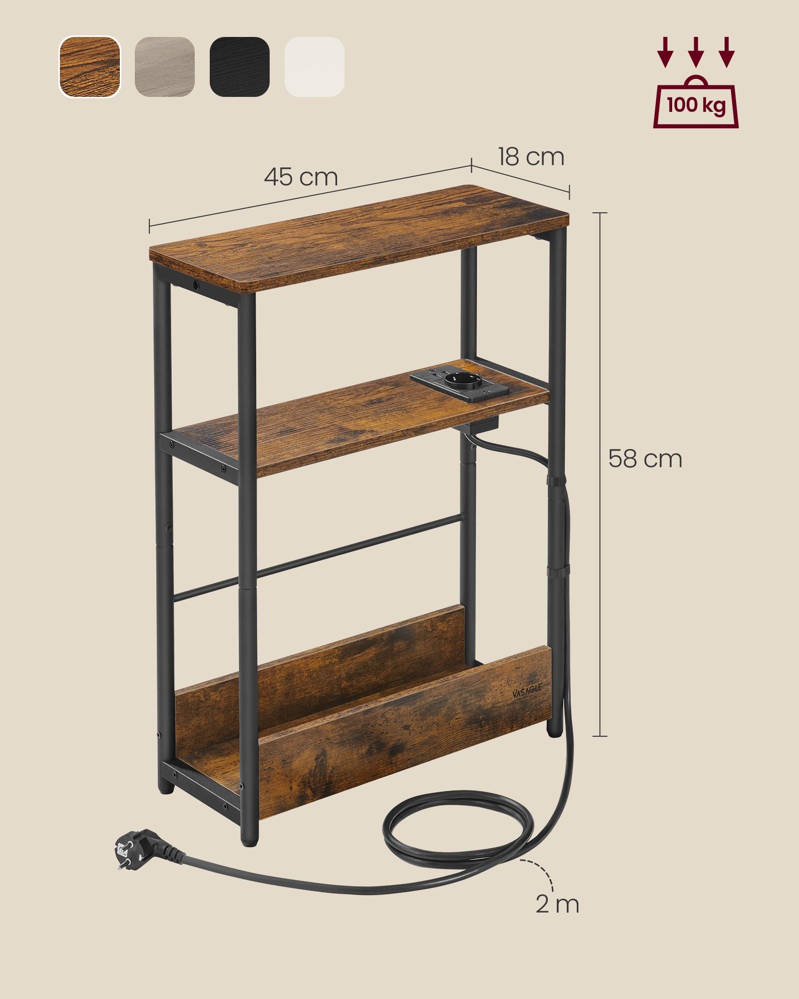 Beistelltisch mit 3 Ablagen schmal vintagebraun-tintenschwarz