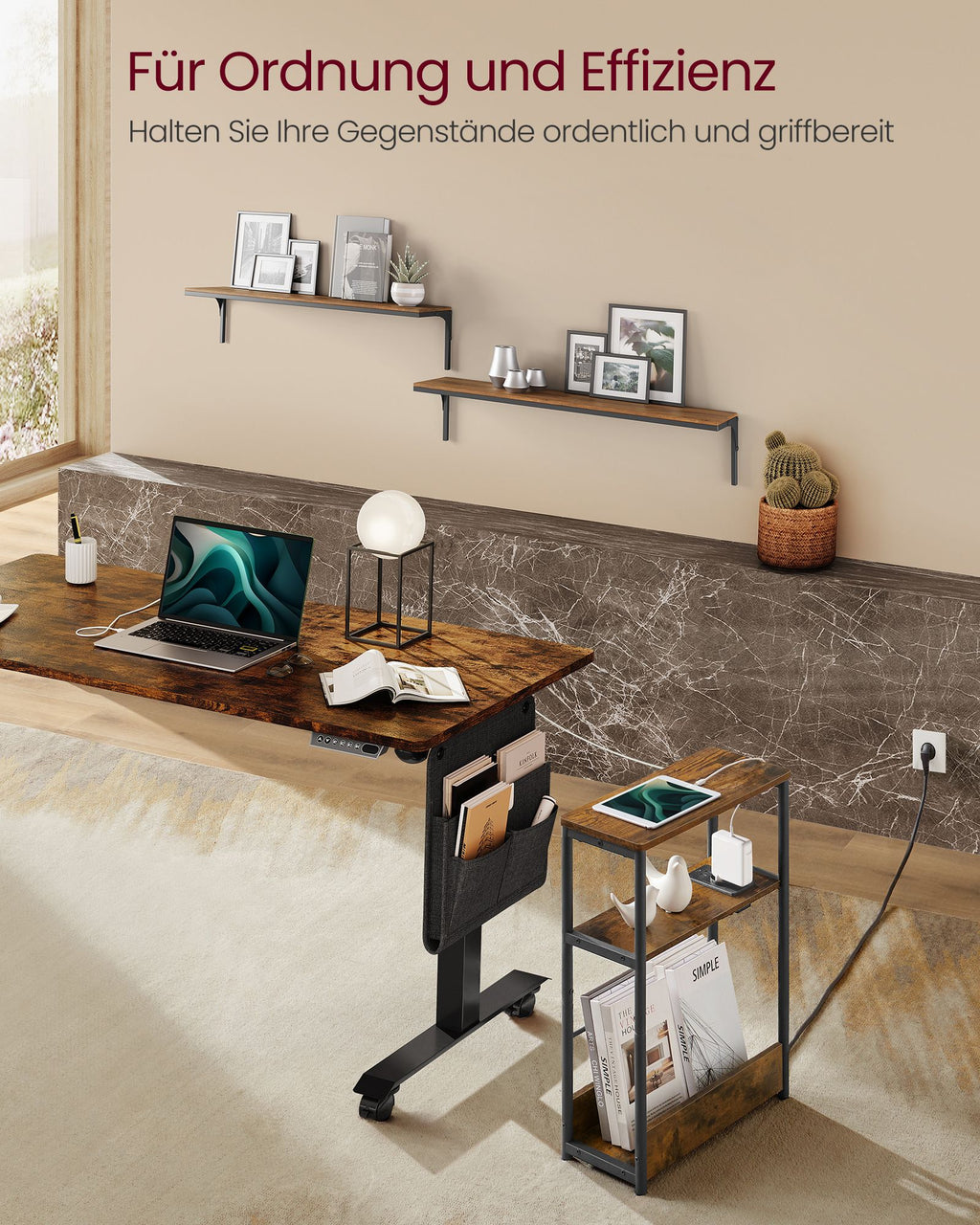Beistelltisch mit 3 Ablagen schmal vintagebraun-tintenschwarz