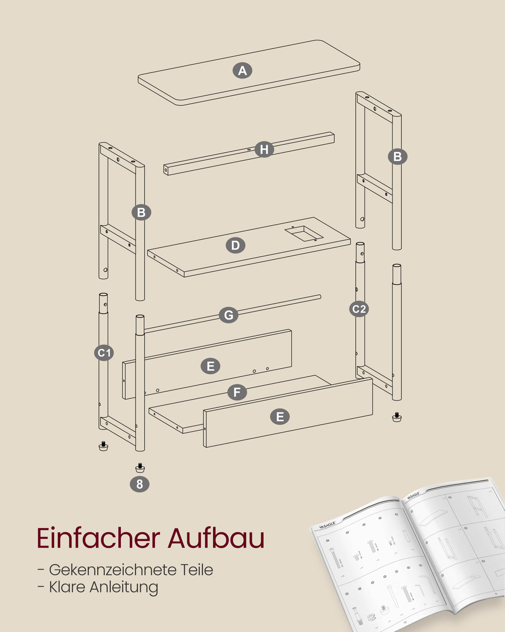 Beistelltisch mit 3 Ablagen schmal vintagebraun-tintenschwarz