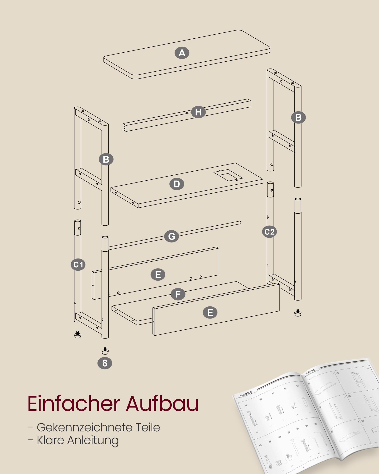 Beistelltisch mit 3 Ablagen schmal vintagebraun-tintenschwarz