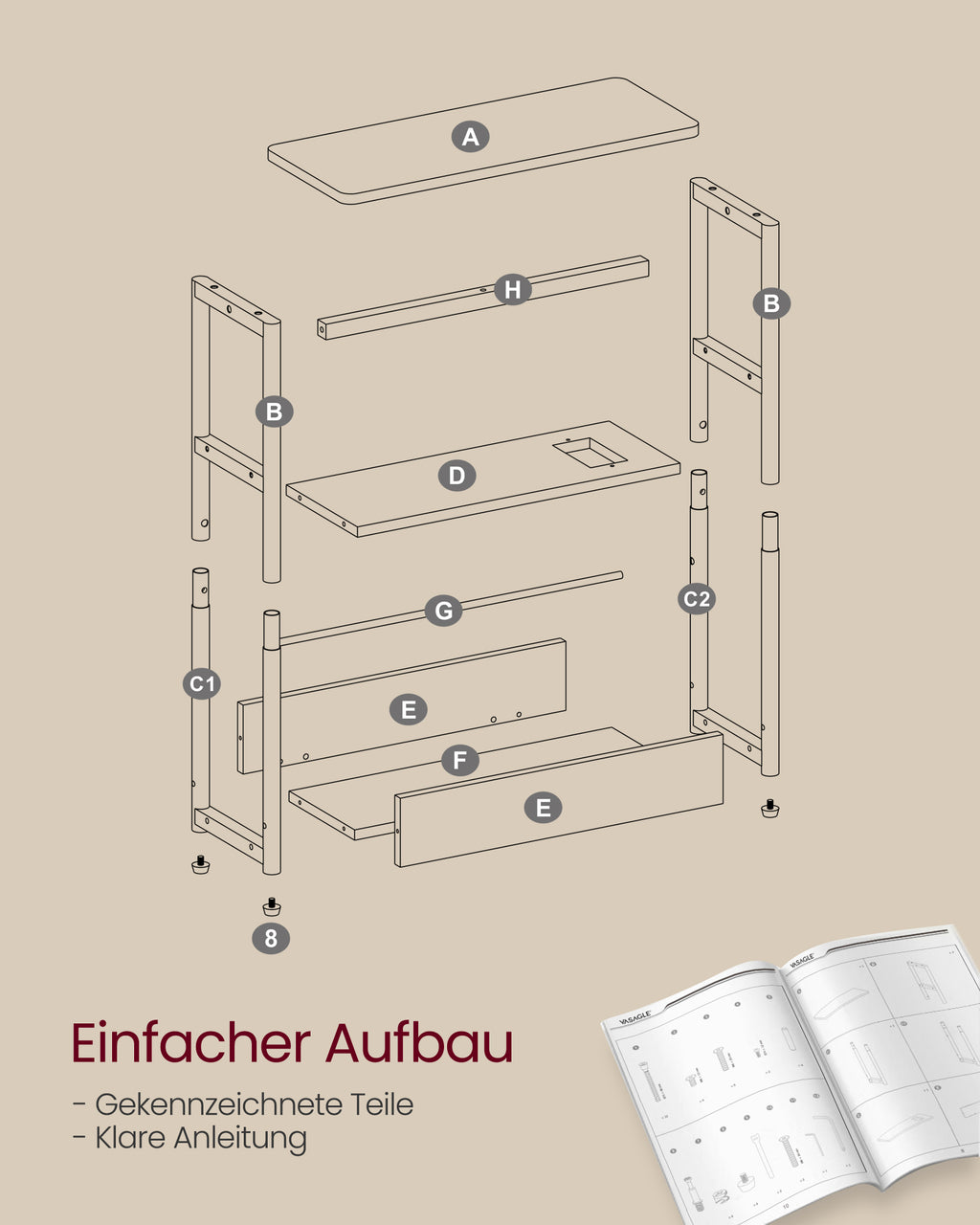 Beistelltisch mit 3 Ablagen schmal cremeweiß