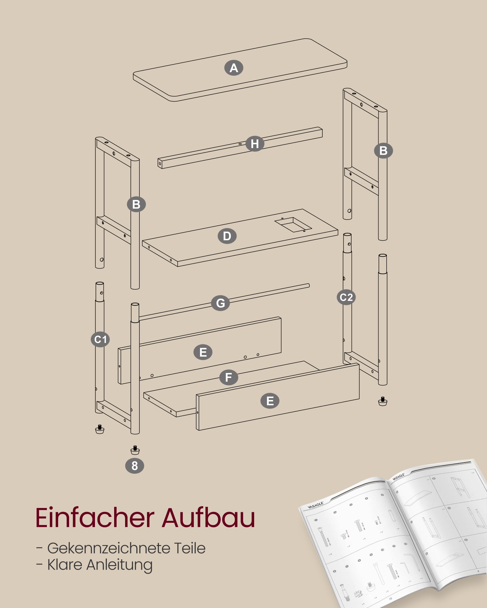 Beistelltisch mit 3 Ablagen schmal cremeweiß