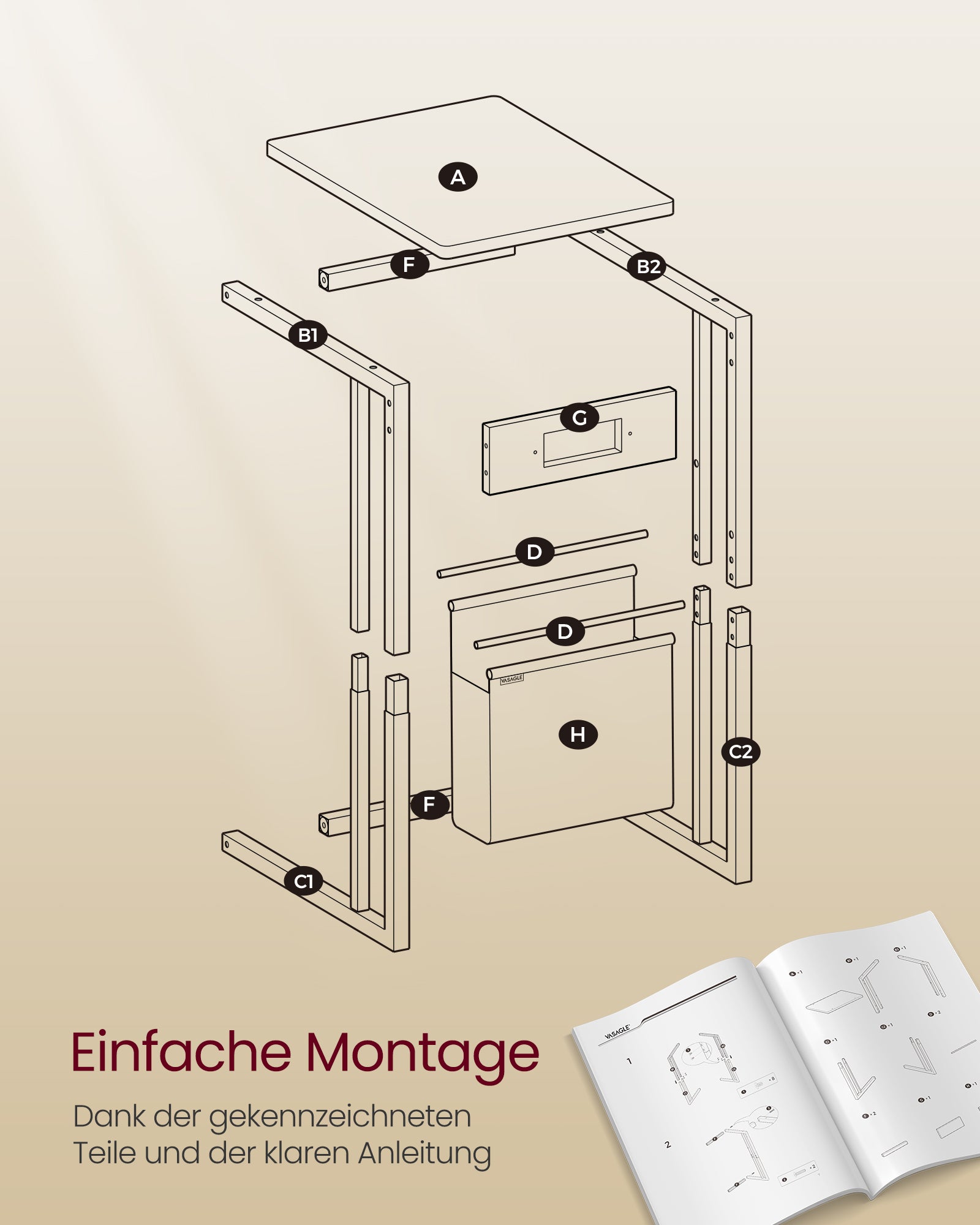 Beistelltisch C-Form mit 2 AC-Steckdosen ebenholzschwarz