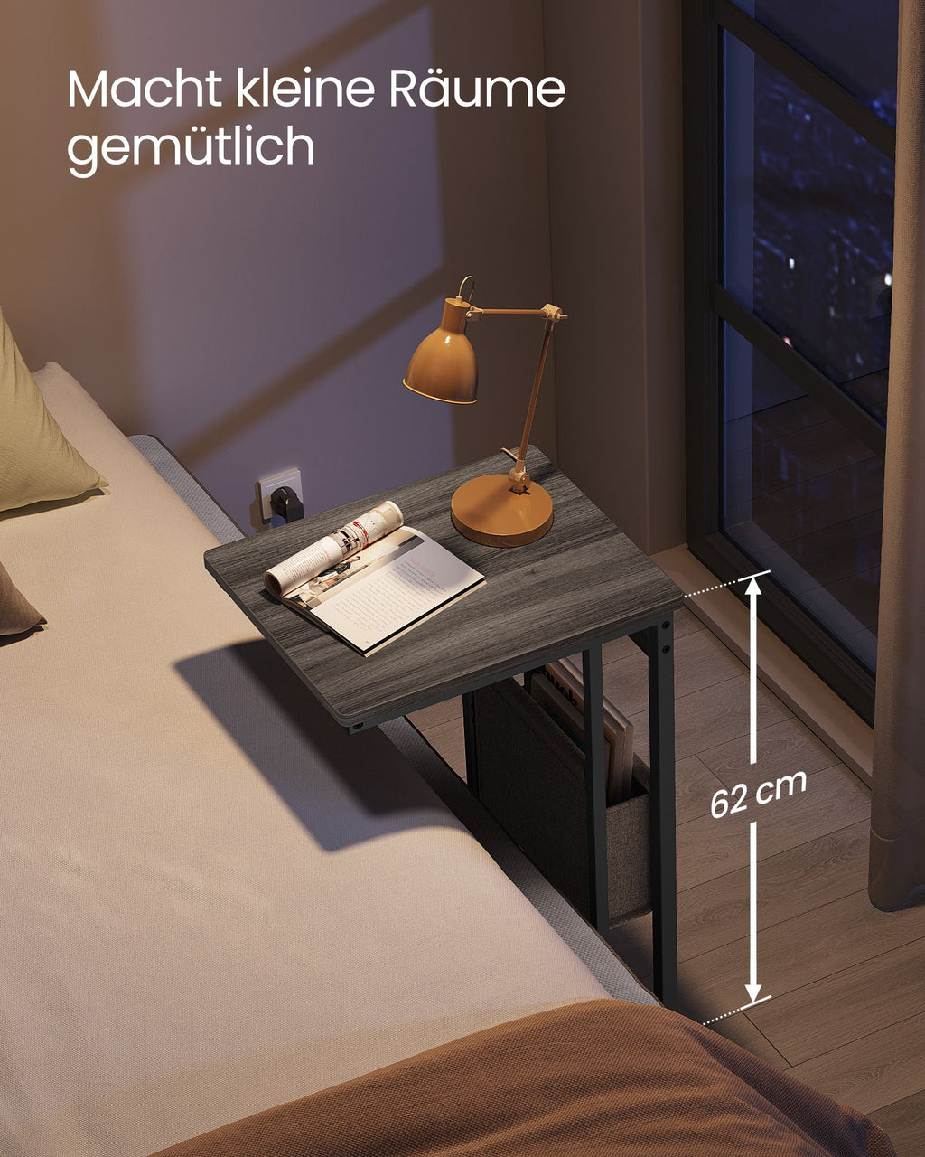 Beistelltisch C-Form mit 2 AC-Steckdosen aschbraun