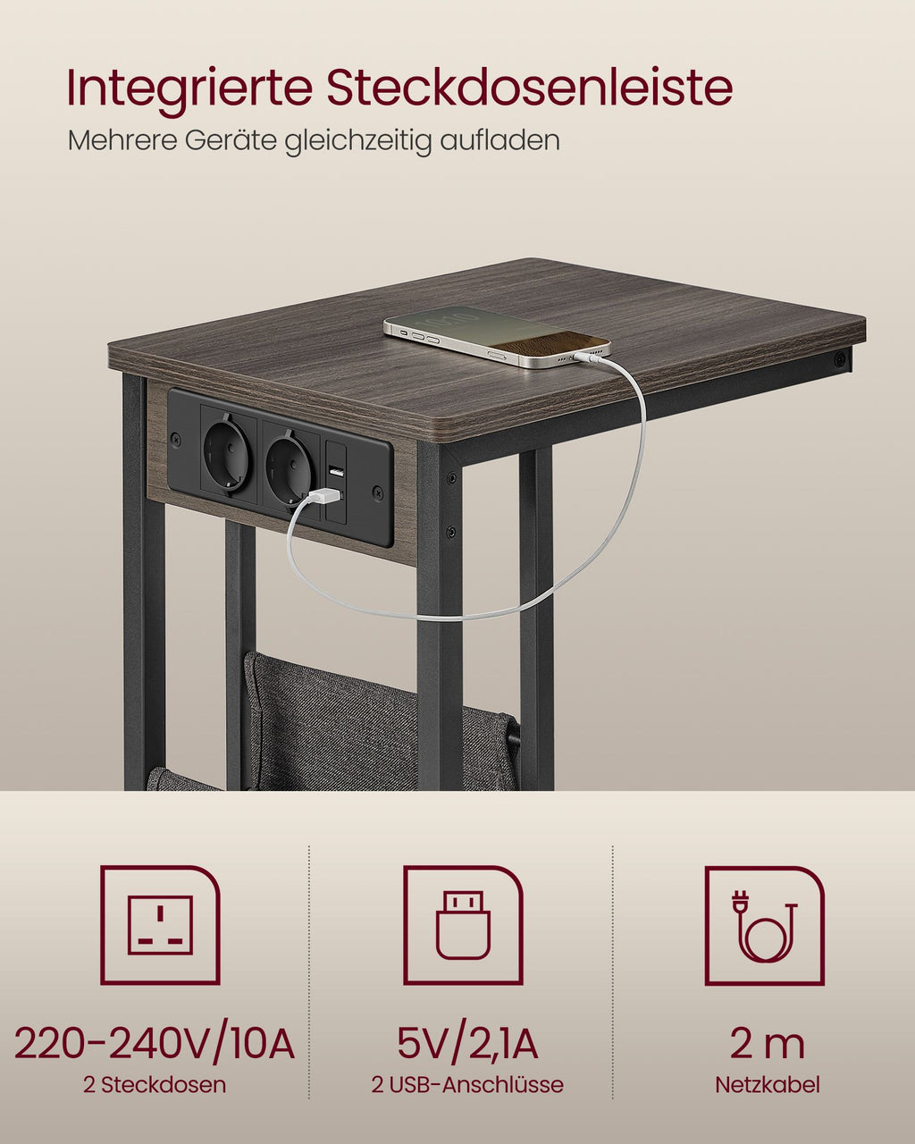 Beistelltisch C-Form mit 2 AC-Steckdosen aschbraun