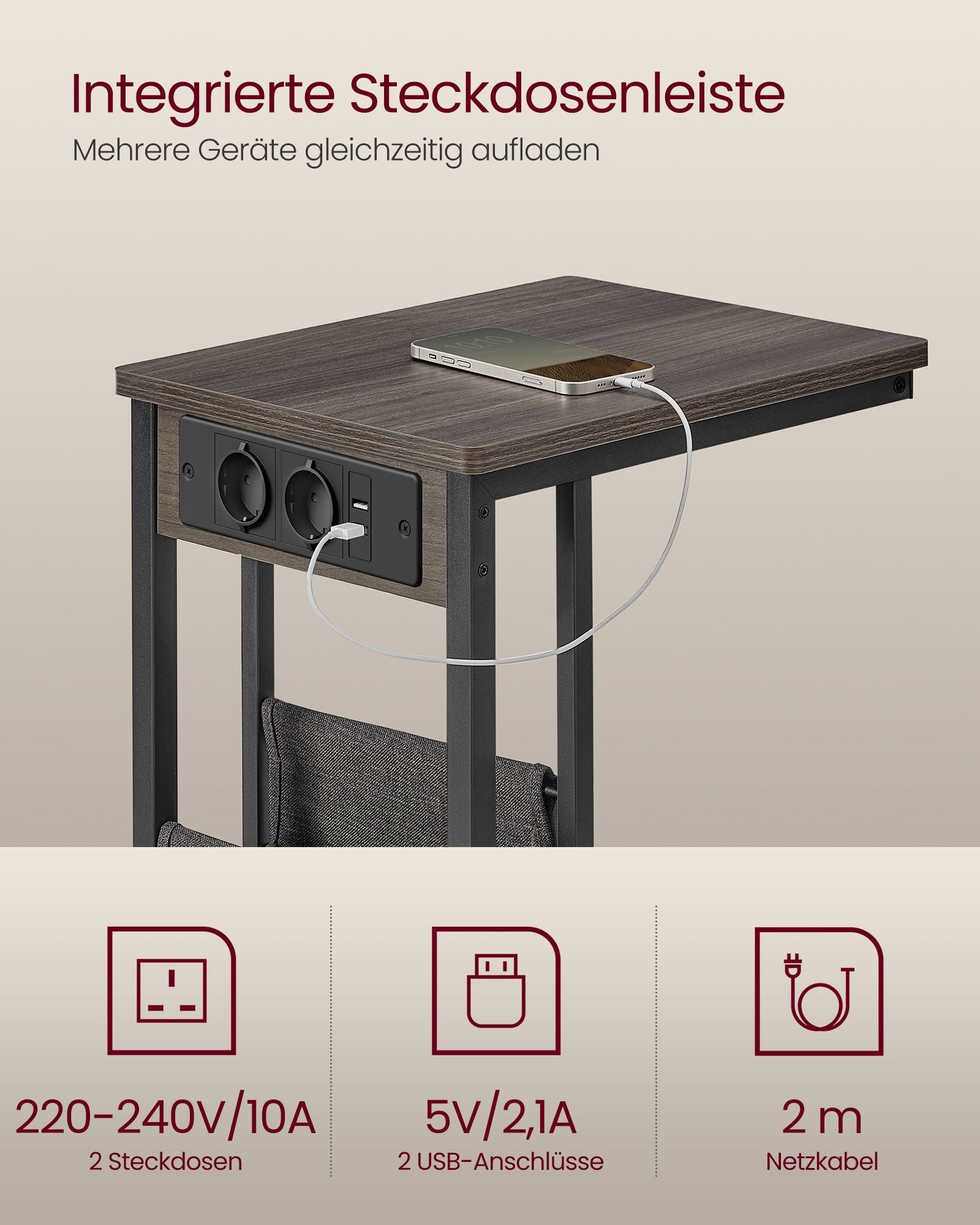 Beistelltisch C-Form mit 2 AC-Steckdosen aschbraun
