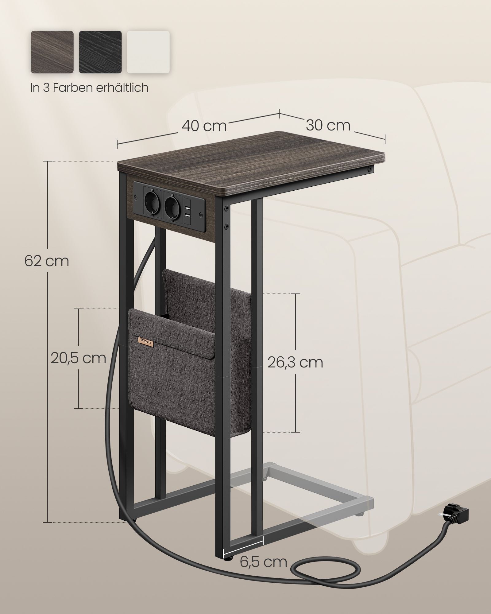 Beistelltisch C-Form mit 2 AC-Steckdosen aschbraun