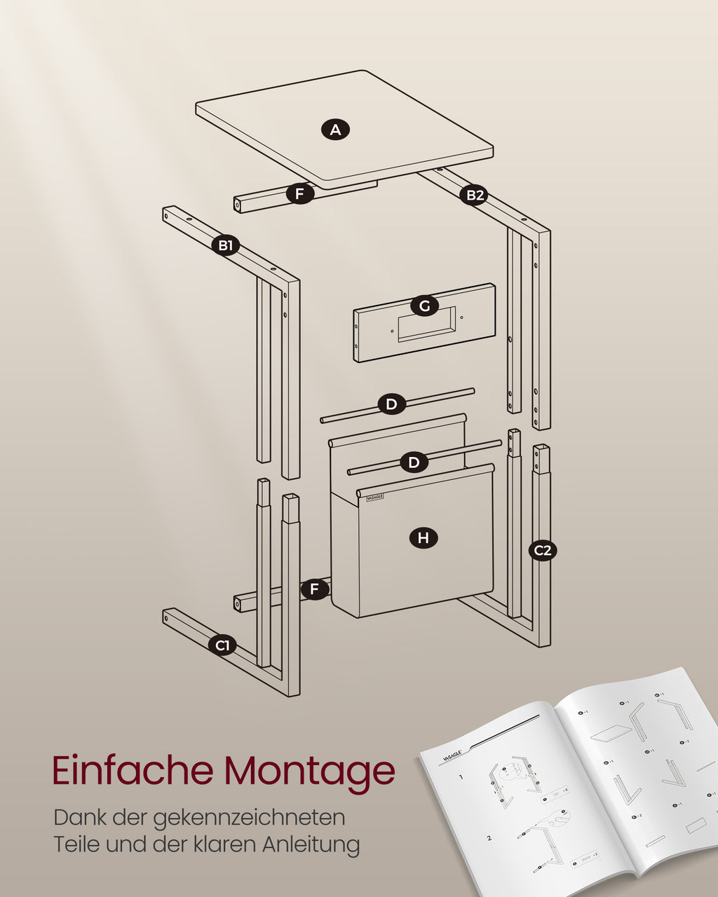 Beistelltisch C-Form mit 2 AC-Steckdosen aschbraun
