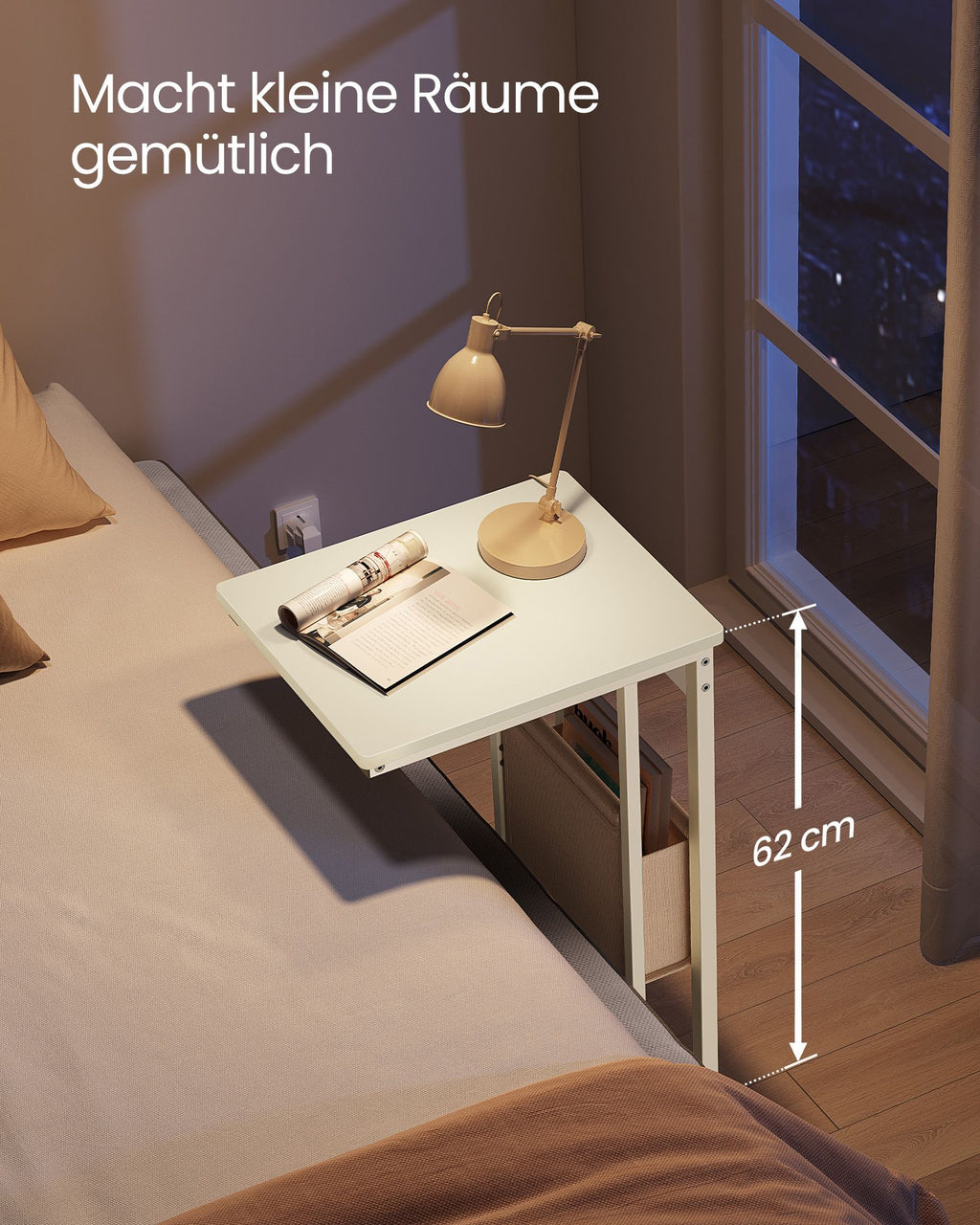 Beistelltisch C-Form mit 2 AC-Steckdosen cremeweiß