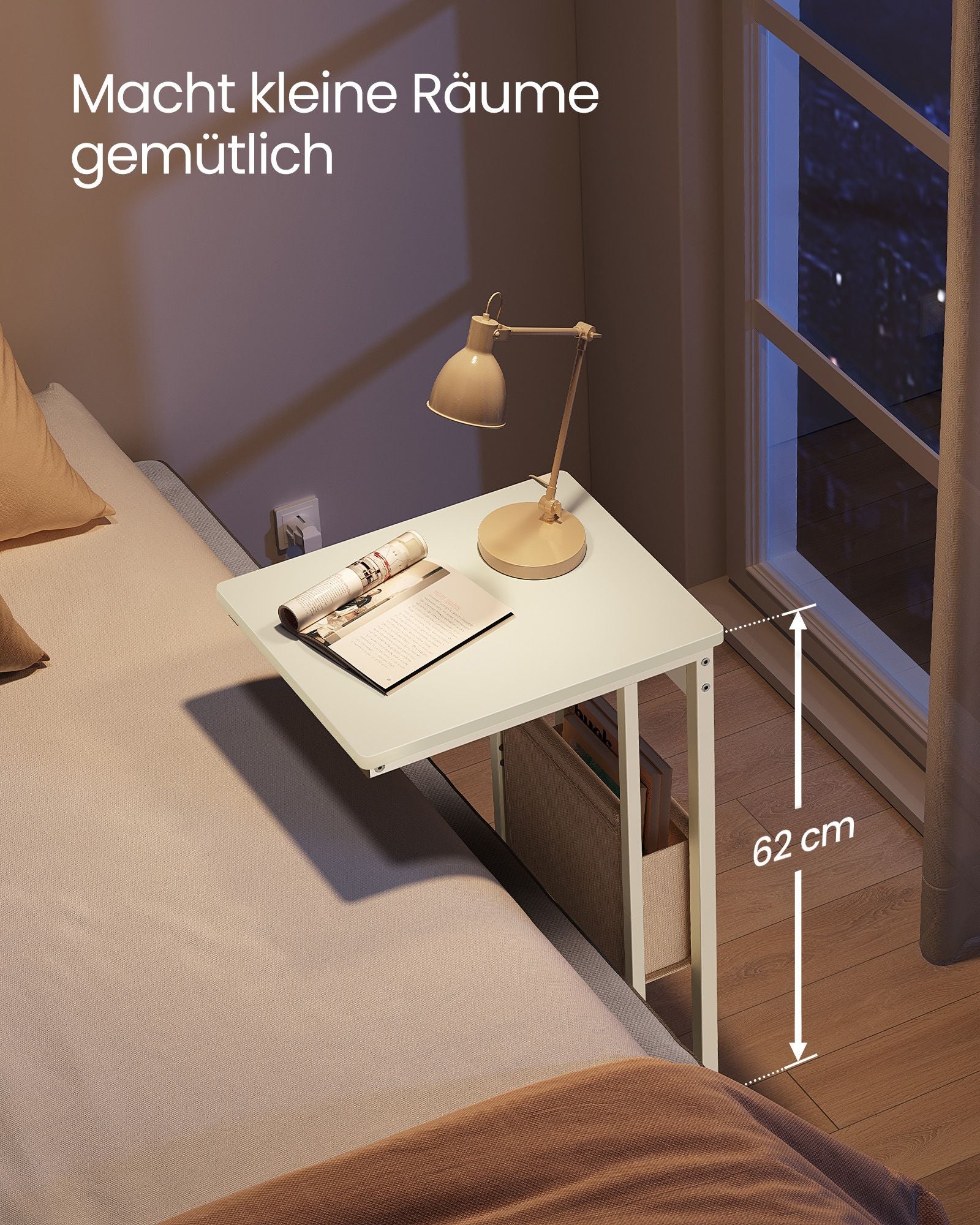 Beistelltisch C-Form mit 2 AC-Steckdosen cremeweiß