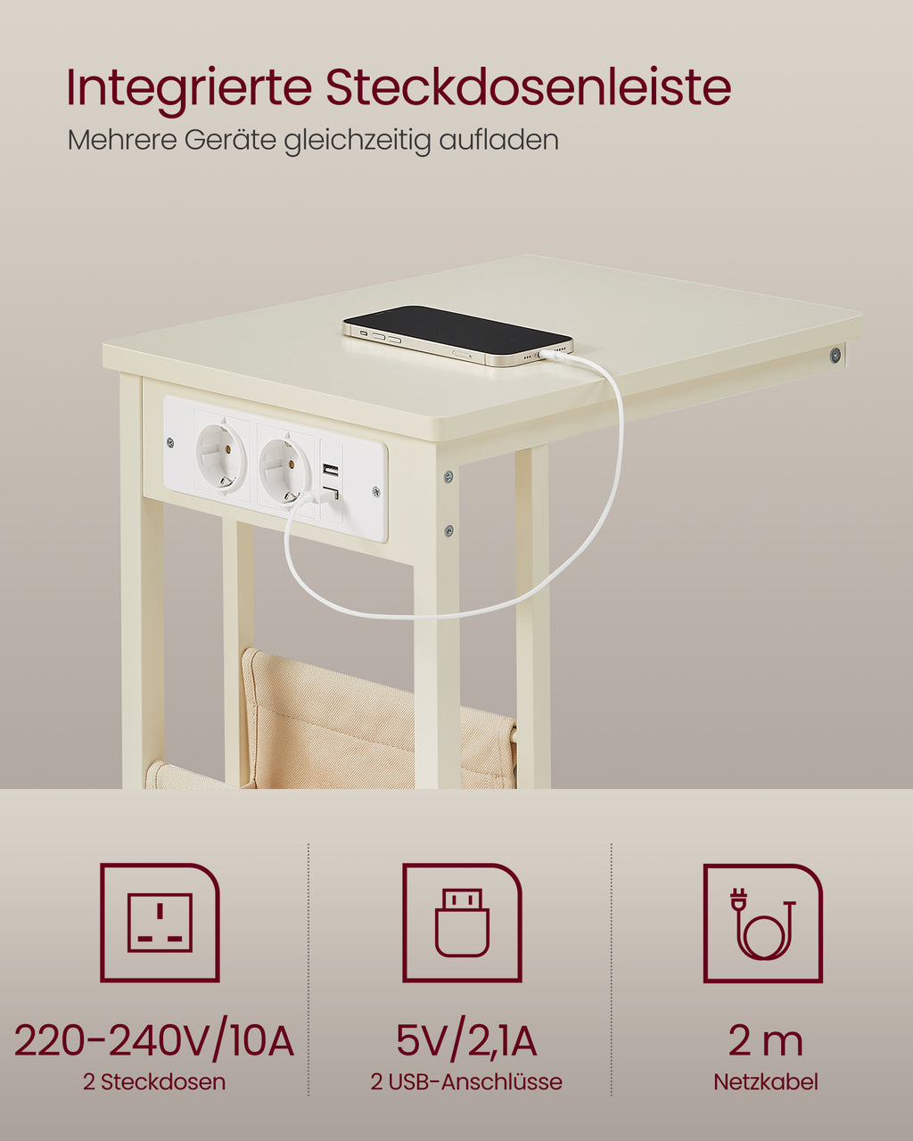 Beistelltisch C-Form mit 2 AC-Steckdosen cremeweiß
